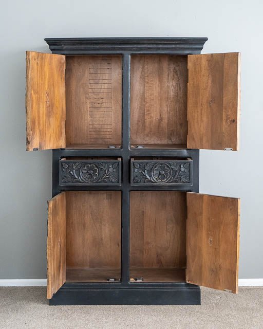 Hand Carved Tallboy Charcoal Wooden Indian Armoire Closet - Vintage Storage Cabinet for Bedroom, Living Room & Entryway Organization
