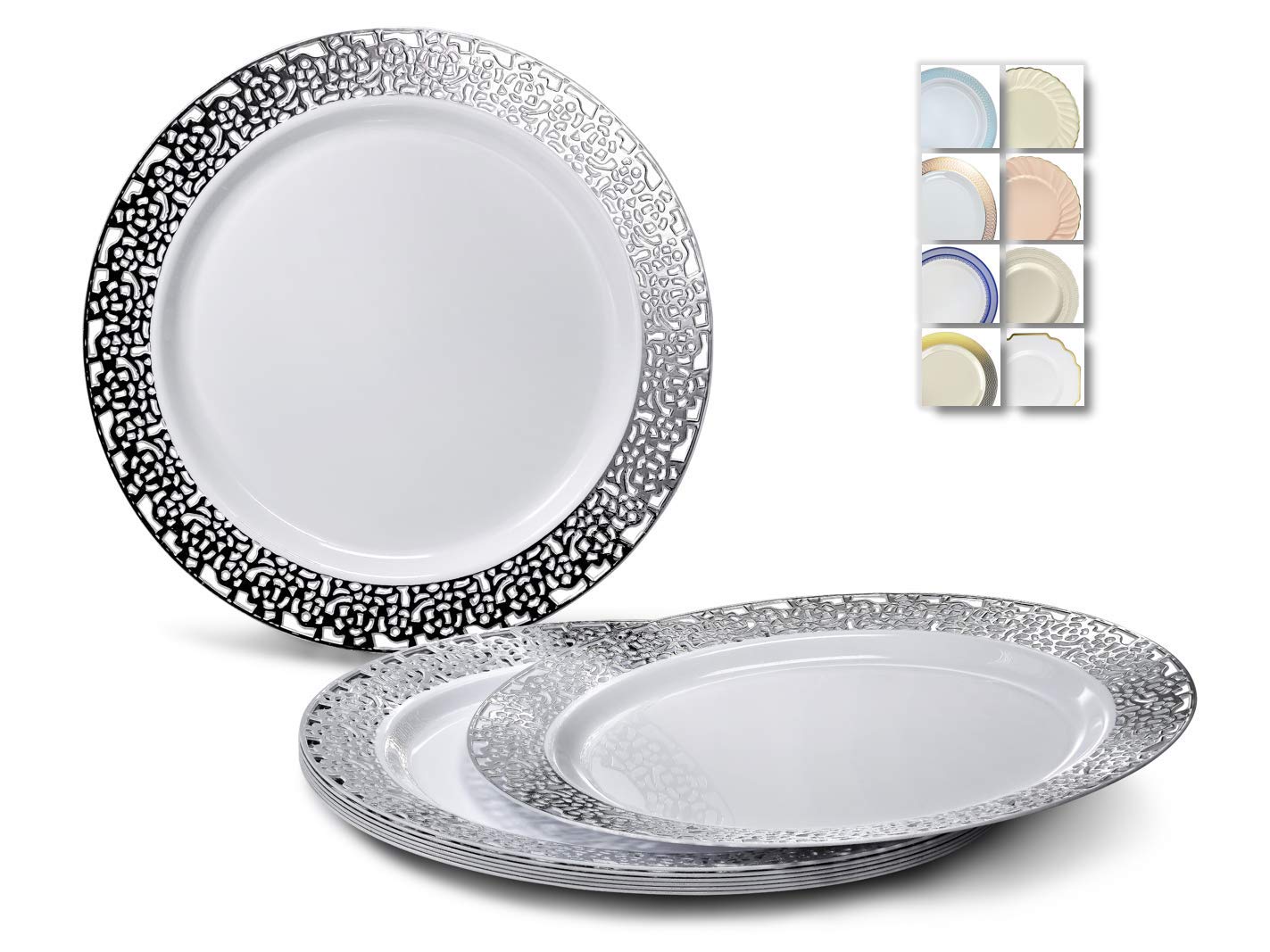 60 Heavyweight Disposable Plastic Plates for Weddings & Parties - 10.25'' Dinner Plates in Florence White & Silver - Elegant Tableware for Special Occasions, Catering & Events