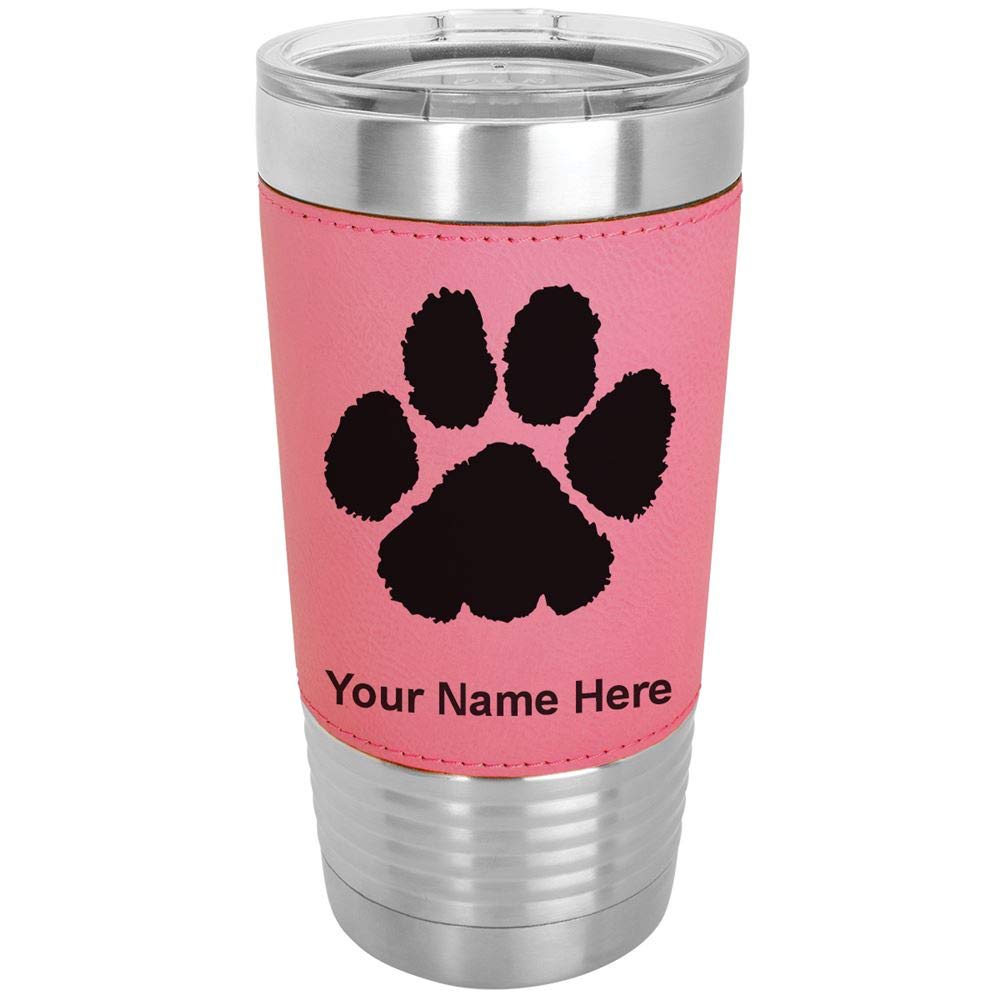 LaserGram 20oz Vacuum Insulated Stainless Steel Tumbler with Paw Print Design - Personalized Engraving, Leakproof Lid & Faux Leather Sleeve (Pink) - Perfect for Coffee, Tea & Cold Drinks at Home, Office or Travel