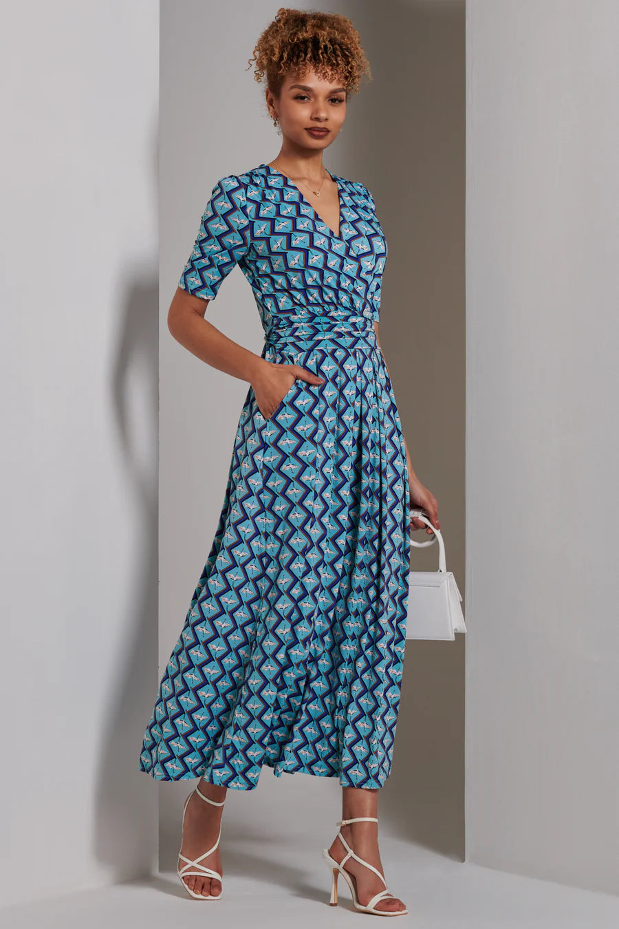 Bree Half Sleeve Jersey Maxi Dress - Green Geometric Print Flowy Summer Dress for Women | Perfect for Beach Vacation, Date Night & Casual Outings