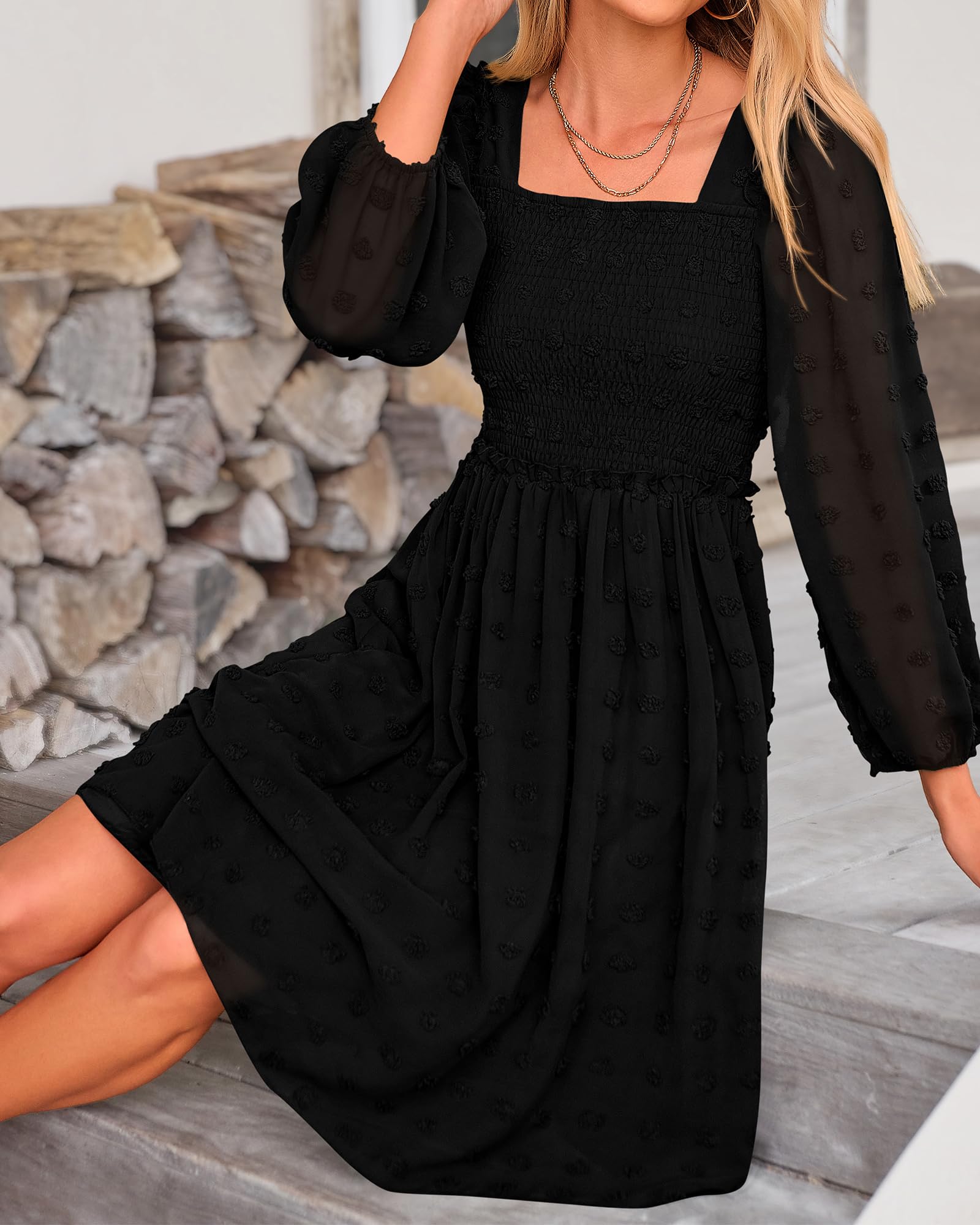 BTFBM Women's Floral Swiss Dot Smocked Mini Dress - Square Neck Long Sleeve Boho Wedding Guest Dress for Spring & Summer 2025 | Perfect for Garden Parties, Bridal Showers & Date Nights