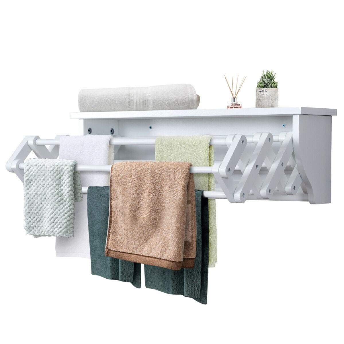 Foldable Wall Mounted Clothes Drying Rack - Space Saving Laundry Room Organizer for Towels & Garments - White (Perfect for Small Bathrooms, Apartments & Laundry Rooms)