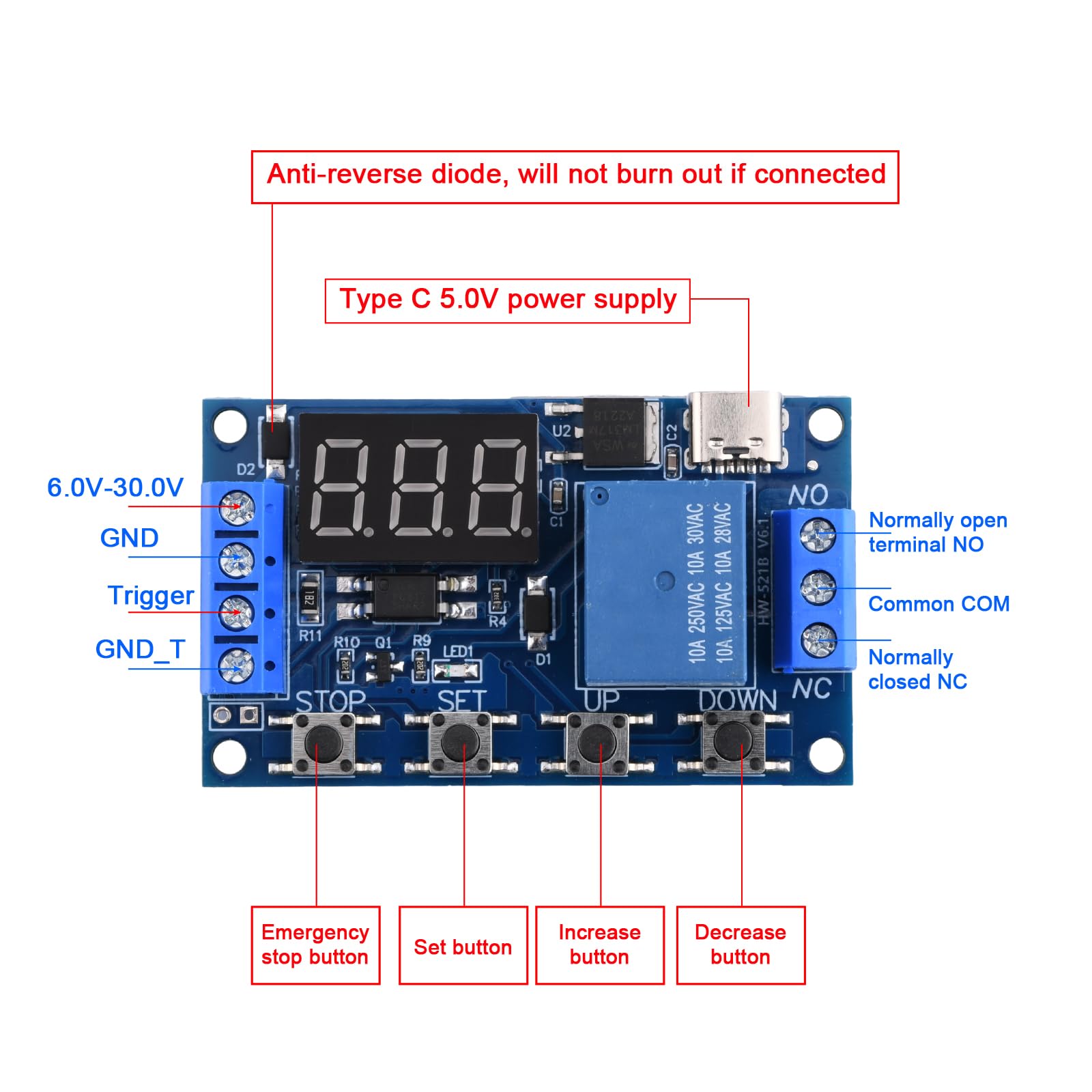 2Pcs 5V Type-C Programmable Timer Relay Module - DC 6-30V Digital LED Display Delay Switch for Home Automation, DIY Projects & Industrial Control
