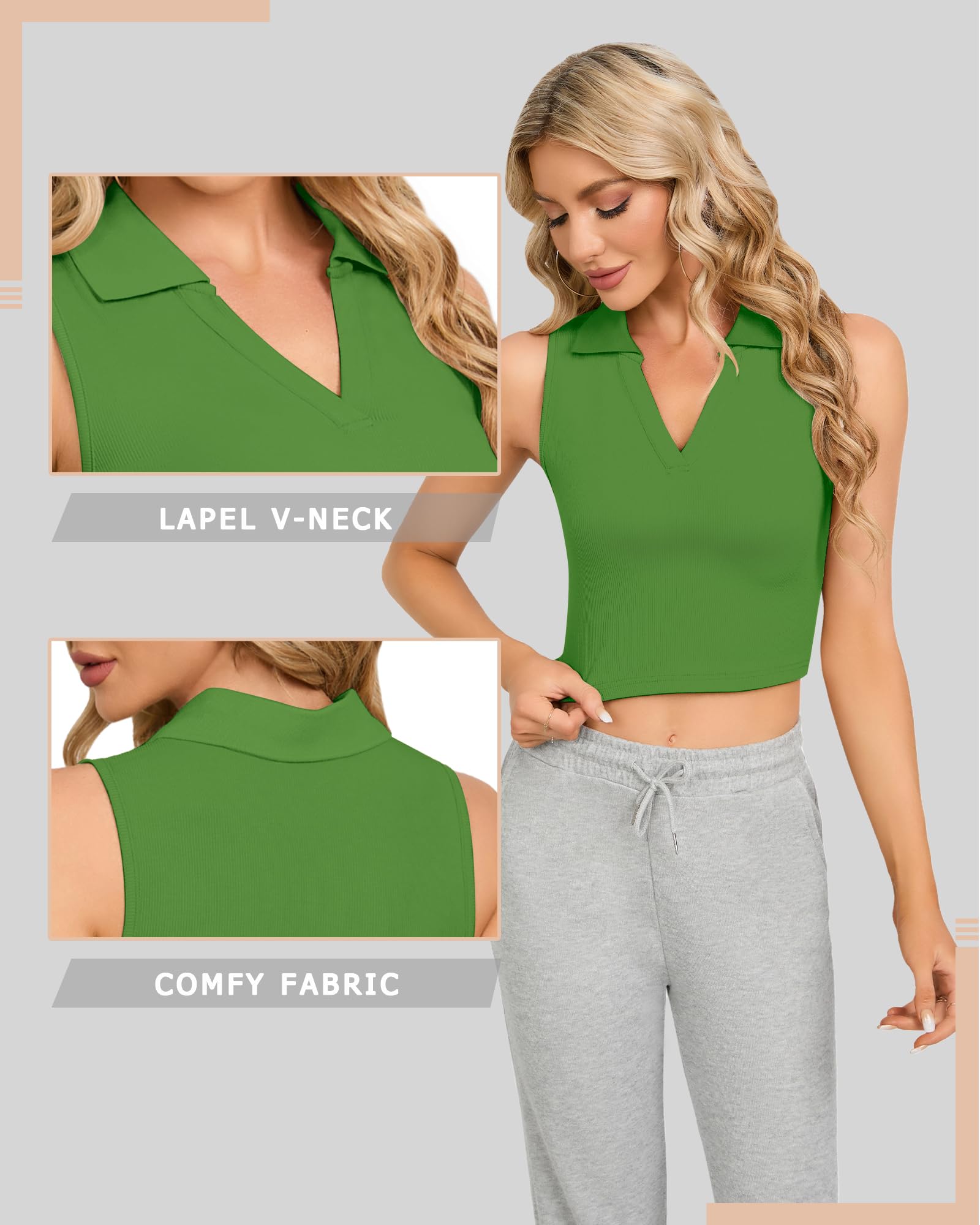 CLOZOZ Women's Polo Crop Top - V Neck Ribbed Sleeveless Collar Shirt, Trendy Summer Casual Tank Top for Women | Perfect for Beach Outings, Yoga & Streetwear Fashion