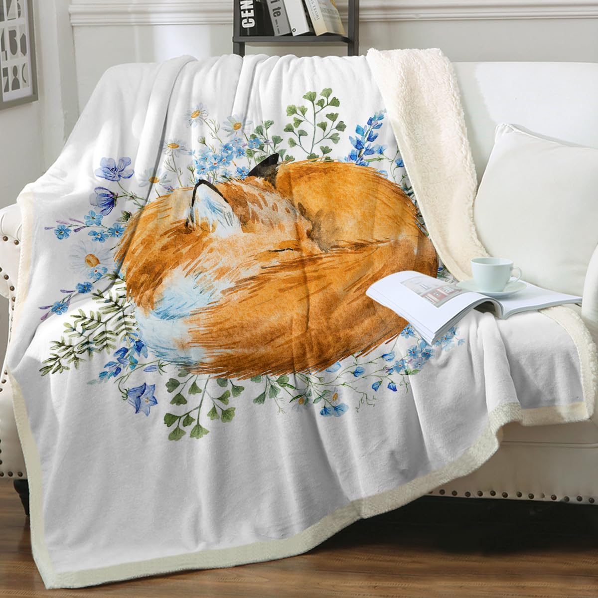 Sleepwish Reversible Sherpa Fleece Blanket - Watercolor Sleeping Fox Design, Soft Cozy Throw for Couch, Sofa & Bed (60x80 Inches) - Perfect for Winter Nights, Home Decor & Gift Giving
