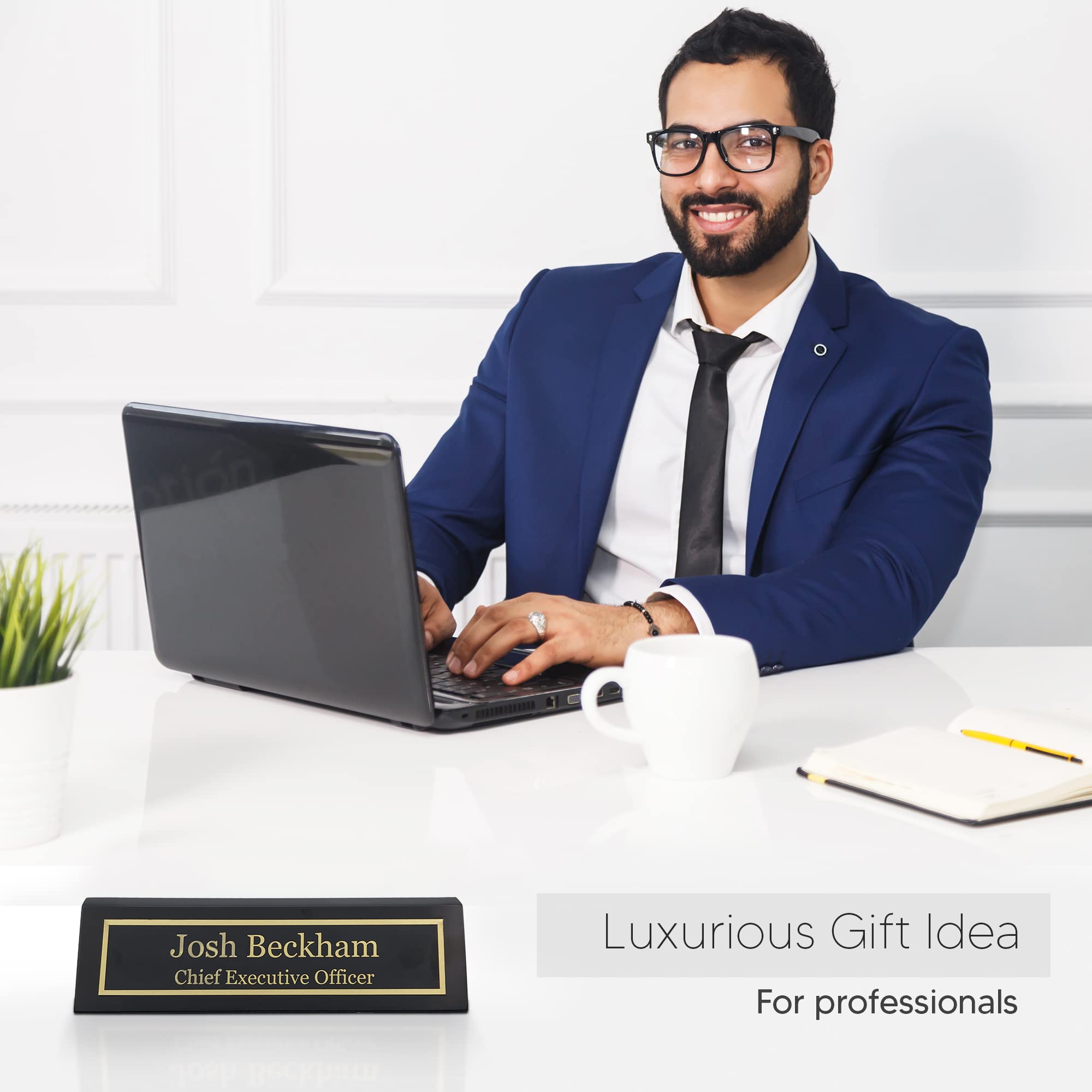 Custom Engraved Wood Name Plate for Desk - Personalized Office Name Sign with Black Piano Finish (2x8 Inches) | Perfect Desk Nameplate Gift for Professionals, Executive Office Decor & Home Office Organization