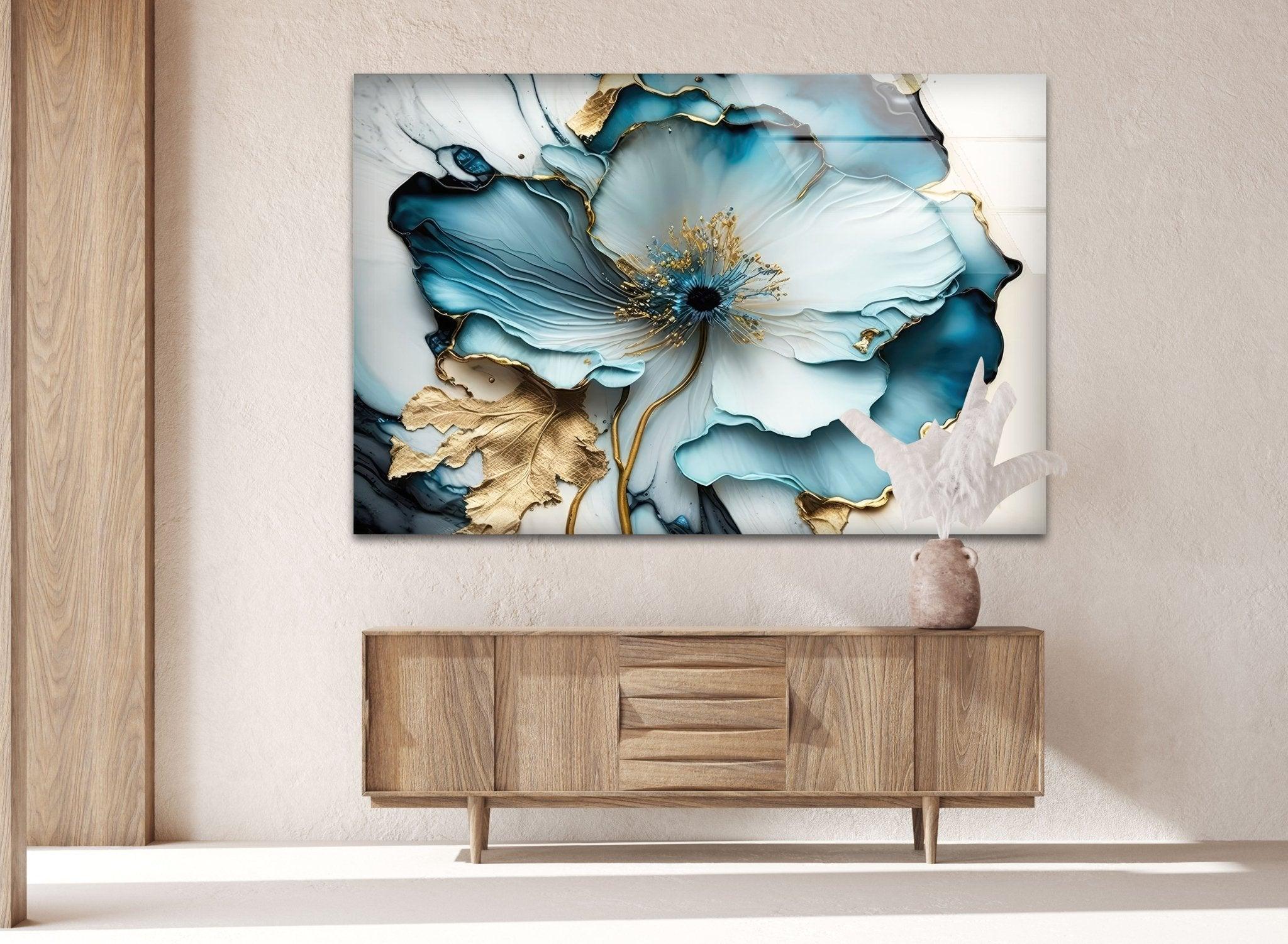 Abstract Blue Flower Glass Wall Art - Modern Handmade Decor for Living Room, Bedroom, Office - Elegant Home & Gift Idea for Housewarming, Wedding, Anniversary