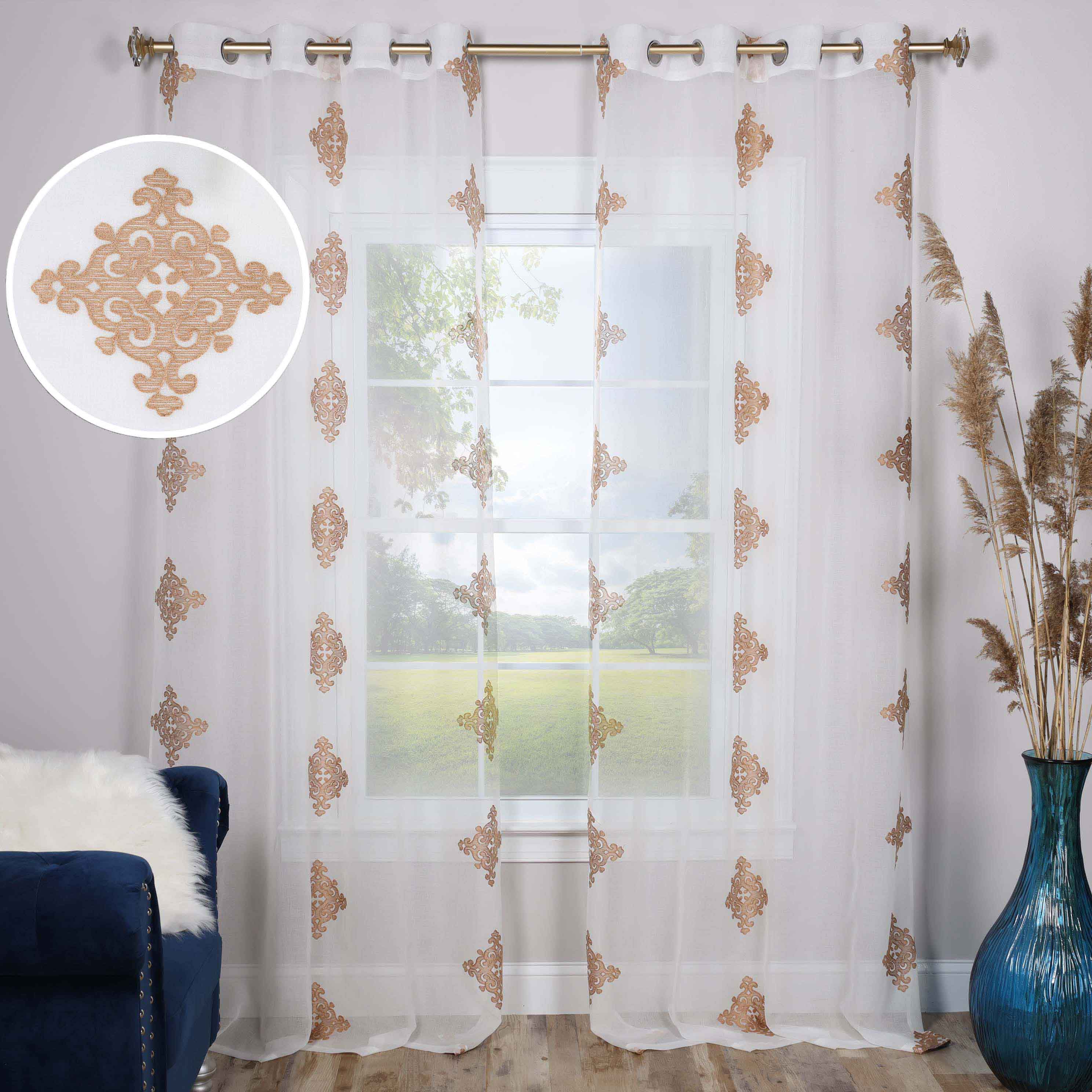 Embroidered Damask Sheer Grommet Curtain Panel Set - Elegant Window Treatment for Living Room, Bedroom & Dining Room - Light Filtering Privacy Drapes for Home Decor