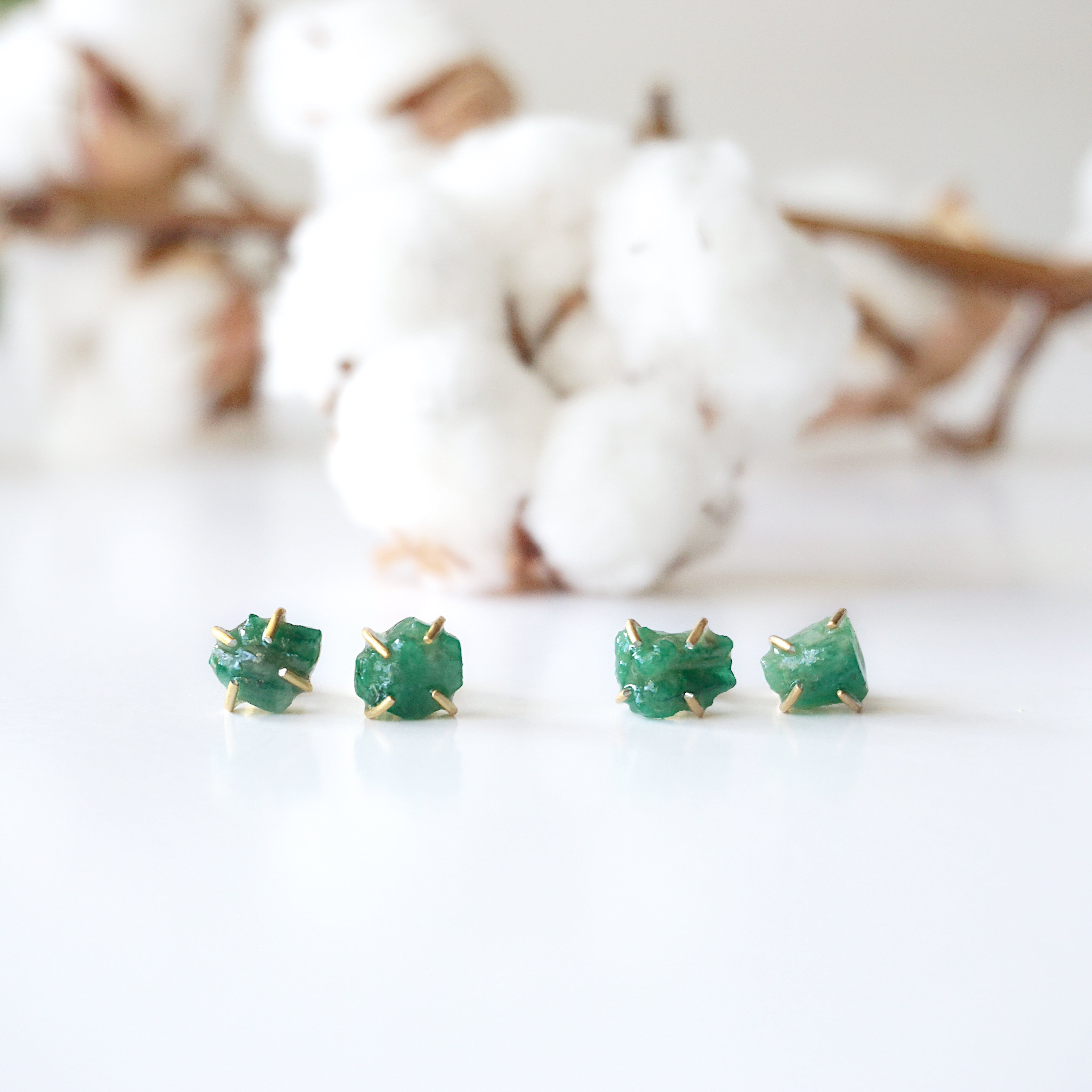 14K Gold Filled Raw Emerald Huggie Stud Earrings - Natural Gemstone Jewelry for Women, Perfect for Everyday Wear & Special Occasions