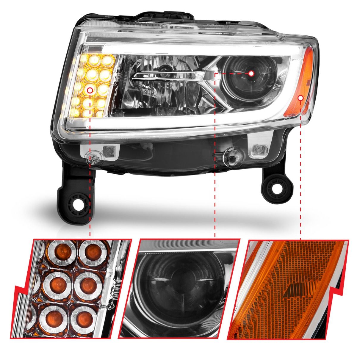 ANZO Projector Headlights with Plank Style (Chrome) for 2014-2015 Jeep Grand Cherokee - High Performance LED Lighting for Off-Road & Night Driving