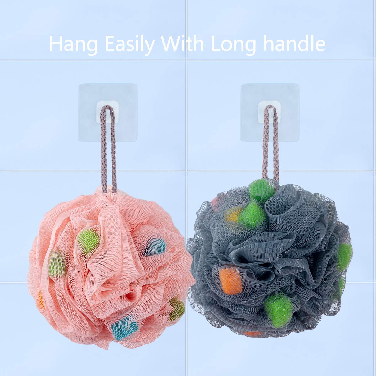 Exfoliating Loofah Bath Sponge with Soft Mesh Puffs - 2 Pack Colorful Shower Sponge Balls for Gentle Skin Cleansing & Body Scrub - Perfect for Shower, Bath, Spa & Gift Giving