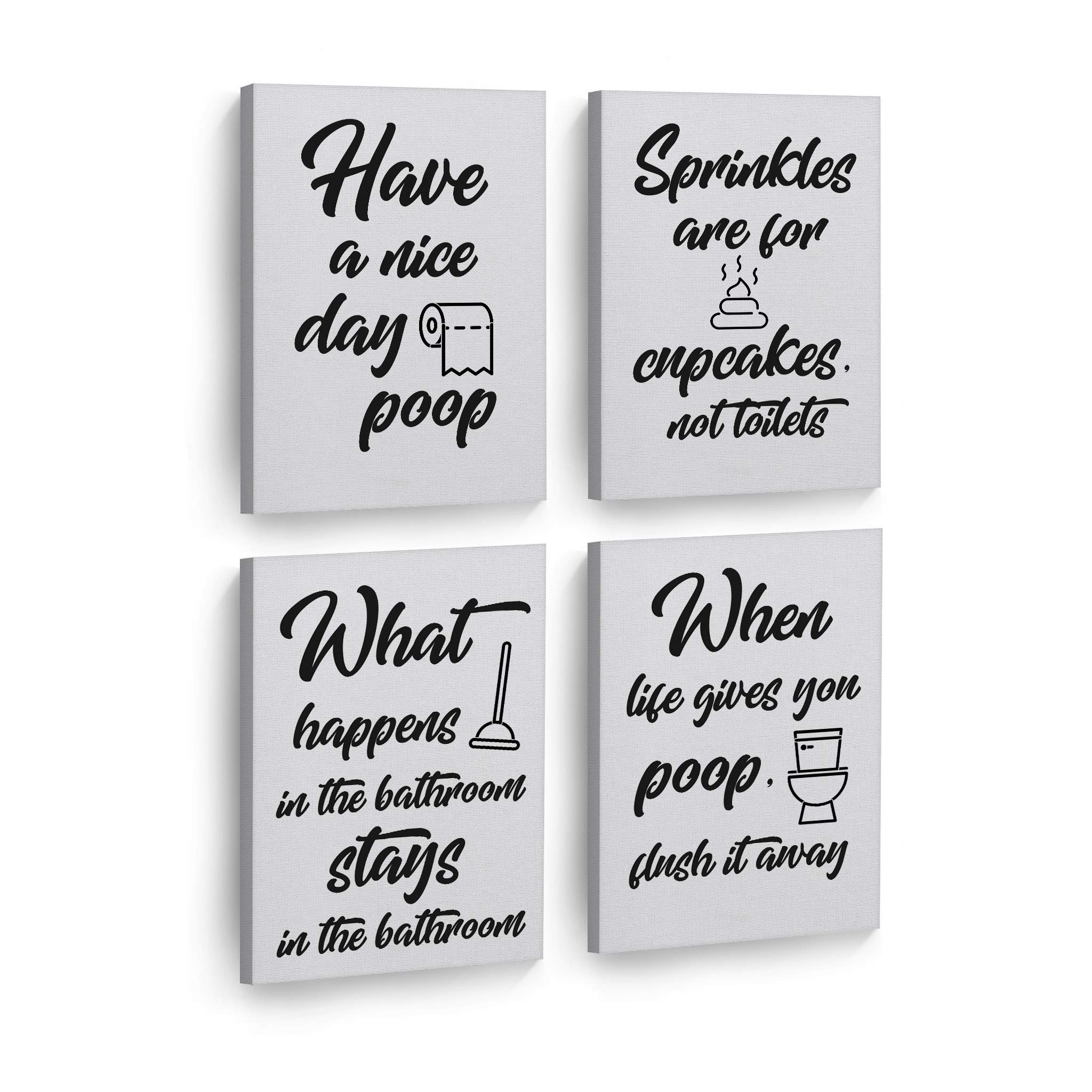 Funny Bathroom Wall Art Set - 4 Piece Canvas Prints with 'What Happens in the Bathroom' Quote - Ready to Hang Decor (28x19 inches each) - Perfect for Toilet Humor & Bathroom Decor Ideas
