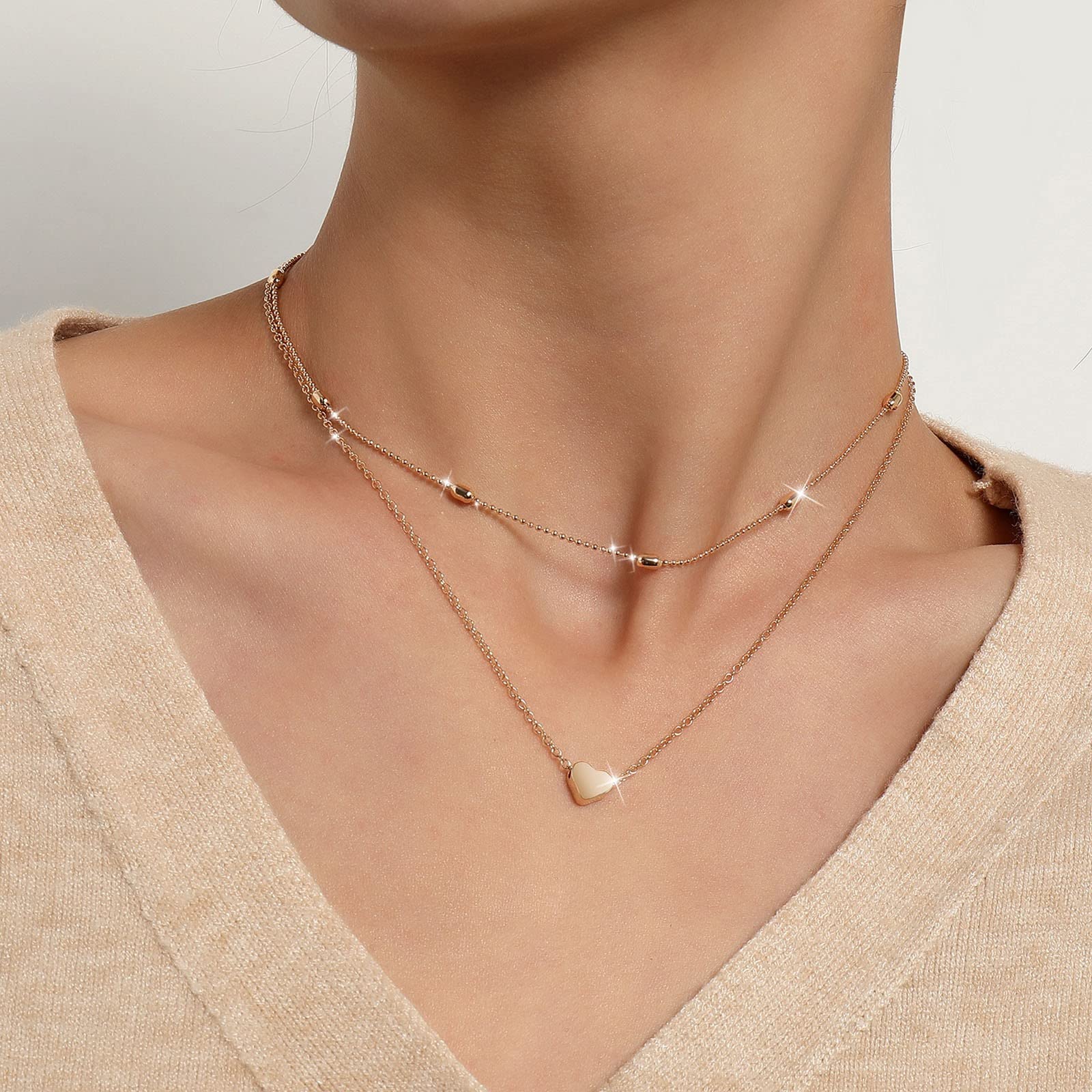 Elegant Women's Y-Necklace Set - 2PC Heart Beaded Pendant Choker & Single Layer Necklace with Zircon Crystal, Double Buckle Chain for Trendy Girls | Perfect for Date Night, Parties & Everyday Wear