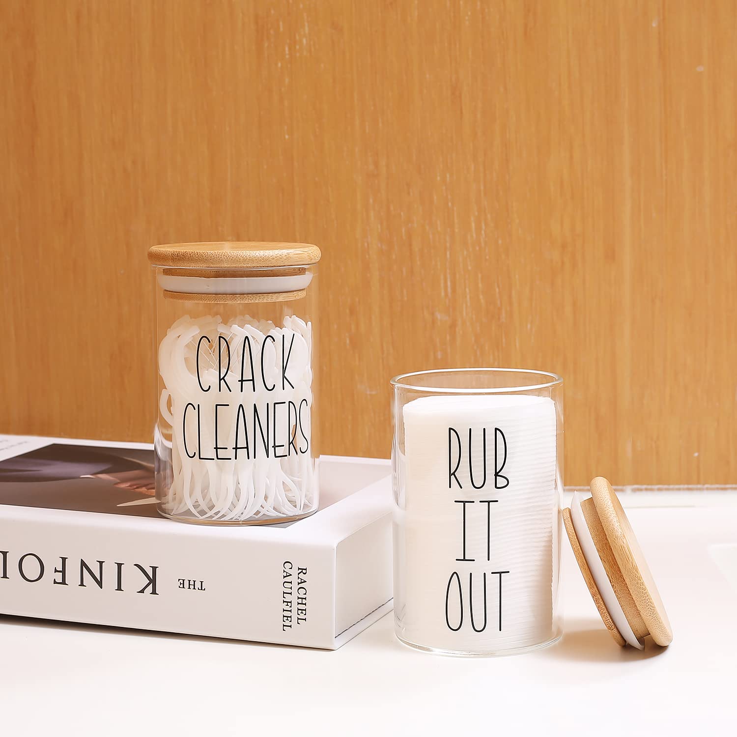 MOMEEMO Glass Apothecary Jars with Airtight Lids - Perfect for Bathroom Organization, Cotton Ball Holder, Floss Pick Storage & Home Decor - Great for Vanity Countertop, Spa Day Essentials & Gift Ideas (Includes Cotton Pads & Dental Floss)