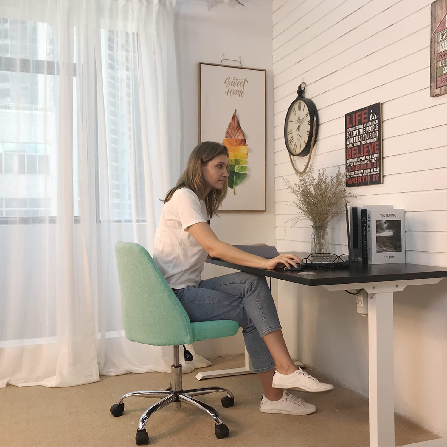 Ergonomic Home Office Desk Chair - Adjustable Low Back Rolling Chair with Wheels, Modern Twill Upholstered Vanity Chair for Bedroom, Classroom & Dressing Room (Green) - Perfect for Remote Work, Online Classes & Makeup Stations