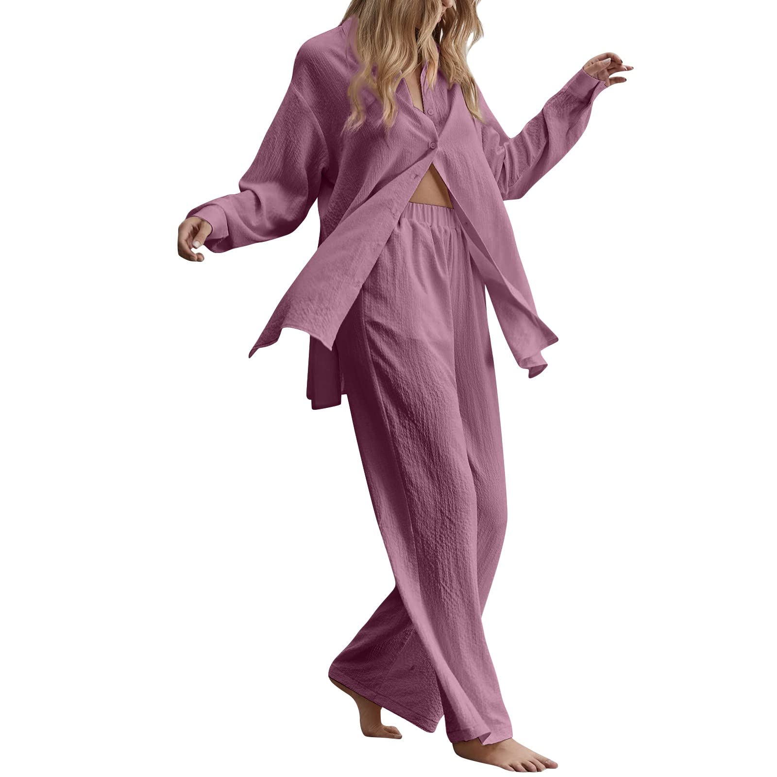 Women's 2-Piece Cotton Linen Lounge Set - Button Down Lapel Collar Shirt & Baggy Pants | Summer Comfort Outfit for Home, Travel & Casual Wear