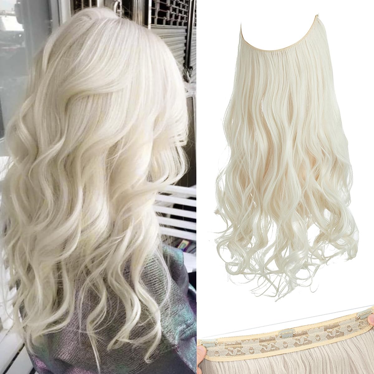 SARLA Invisible Wire Hair Extensions - 16 Inch Platinum Blonde Synthetic Wavy Curly Hairpiece with 3 Adjustable Clips & Transparent Headband for Women | Perfect for Parties, Weddings & Daily Styling