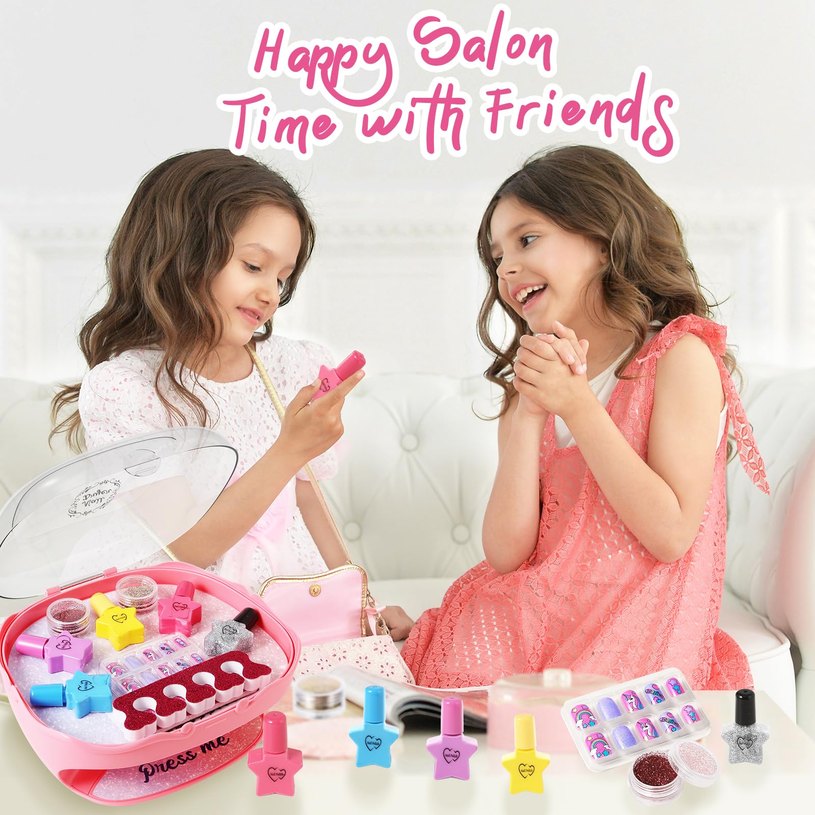 **Girls Nail Polish Set - 12 Colors Non-Toxic Nail Polish Kit with Nail Dryer, Fake Nails, Glitter & Toe Separator - Perfect Birthday Gift for Girls Ages 5-10 - Fun Nail Art for Kids Parties & Playtime**