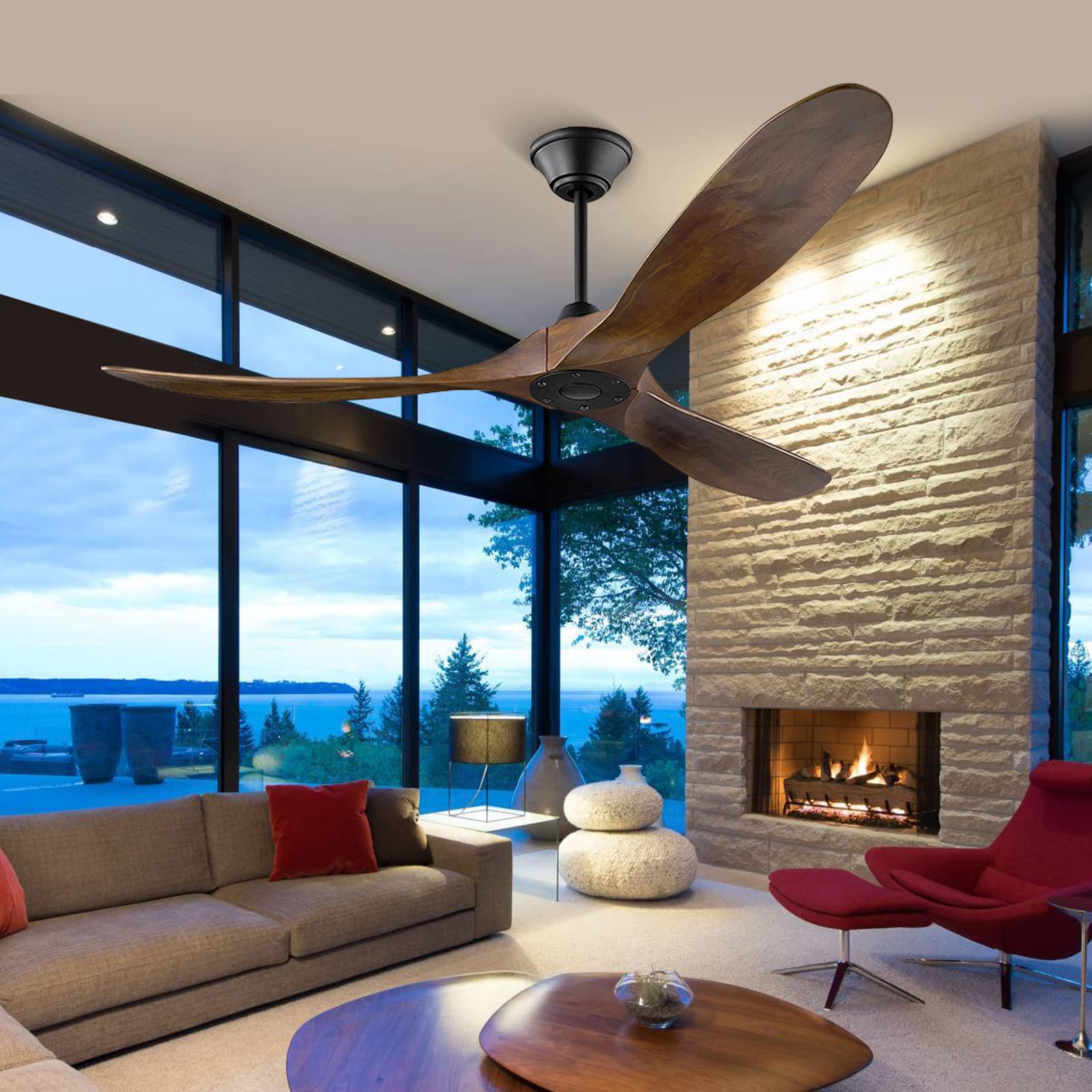 70 Inch 3-Blade Solid Wood Ceiling Fan with Remote - No Light, High Airflow DC Motor, 6-Speed Reversible for Indoor/Outdoor Use - Perfect for Patio, Living Room, Bedroom & Sloped Ceilings