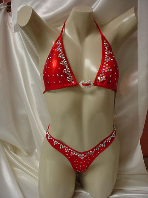 Custom Made FG37 Figure Physique Suit - Red Rhinestone Padded Top for Dance Performances & Costume Parties | Elegant Stagewear for Women