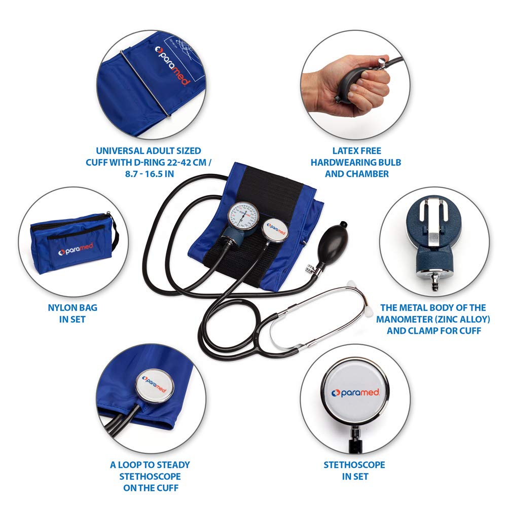 PARAMED Manual Aneroid Sphygmomanometer with Stethoscope - Professional Blood Pressure Monitor Kit with Universal Cuff (8.7-16.5