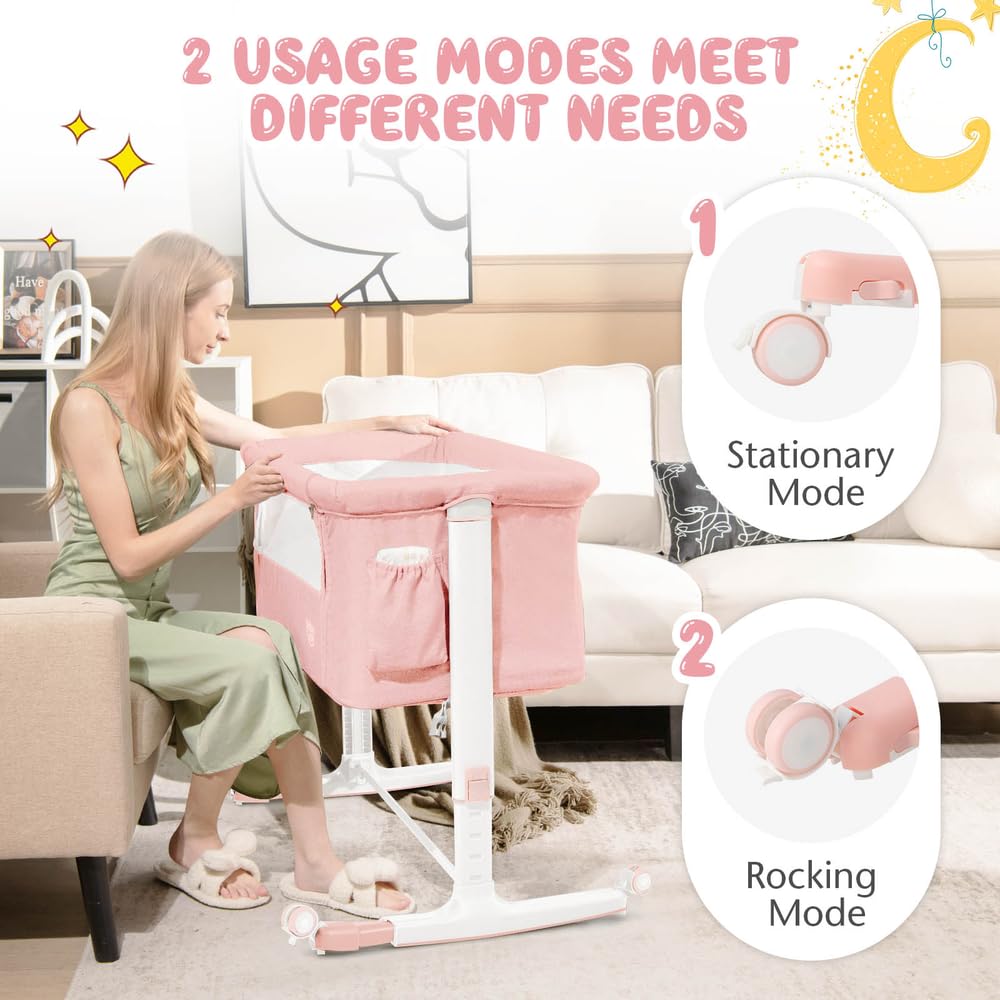BABY JOY 3-in-1 Adjustable Height Folding Baby Bassinet Bedside Sleeper with Mattress, Lockable Wheels, Storage Pocket & Carry Bag - Portable Crib for Newborn Infants - Nursery, Bedroom & Travel Use (Pink)
