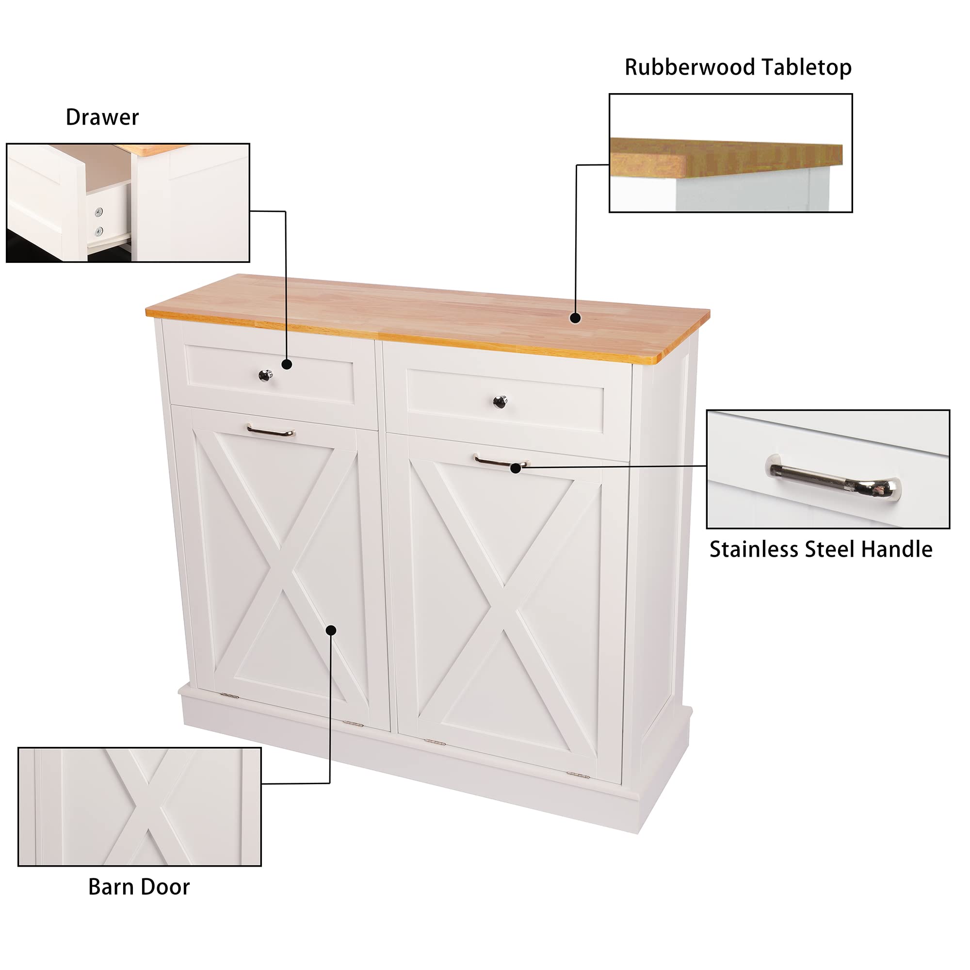 Farmhouse Style Kitchen Trash Cabinet - Solid Wood Double Tilt Out Trash Can with Barn Door | Pet Proof & Odor Blocking Laundry Storage | Perfect for Modern Farmhouse, Rustic Kitchens & Mudroom Organization