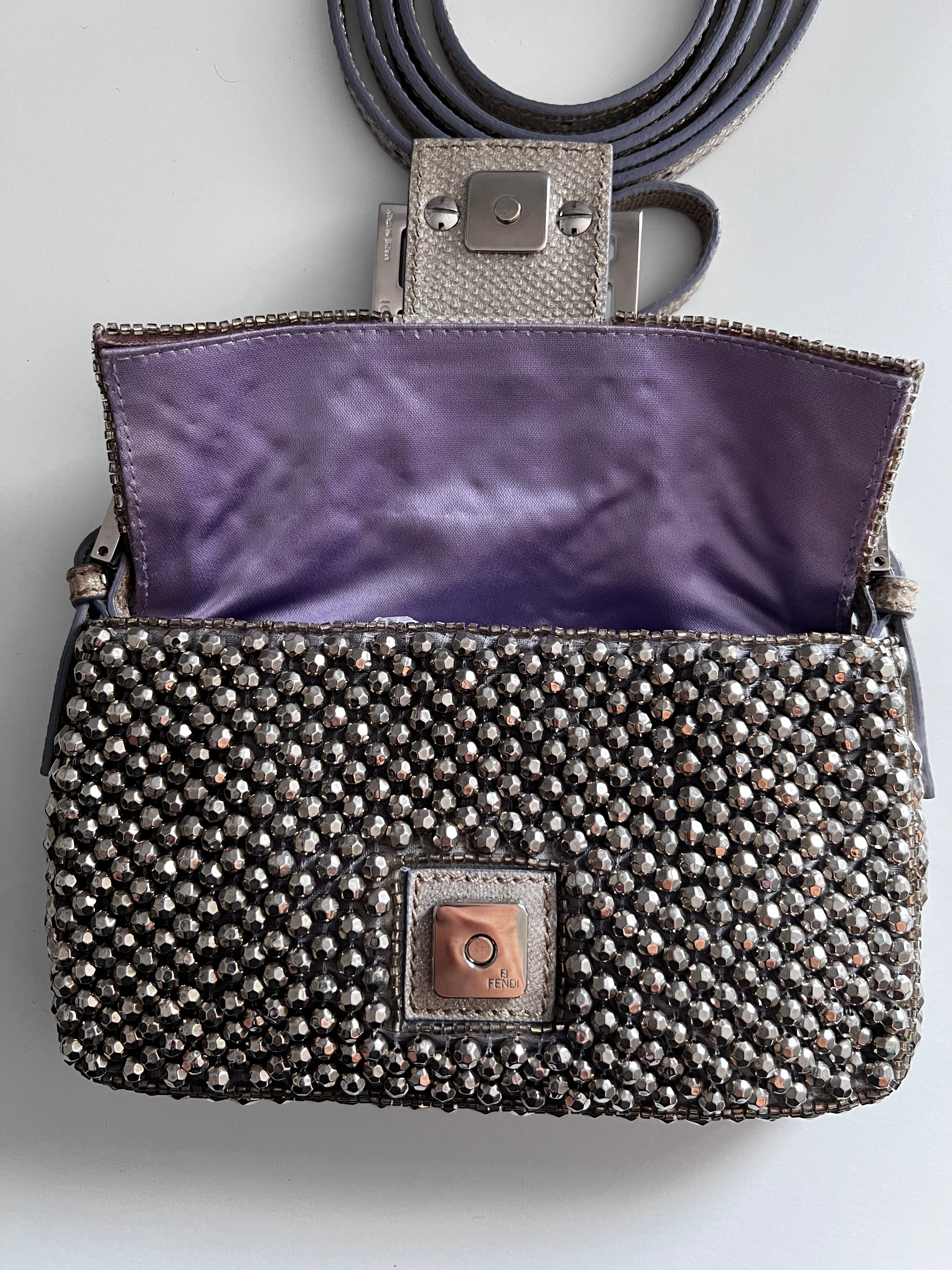 Fendi Silver Beaded Mini Baguette Bag - 3-Way Crossbody Shoulder Clutch Purse for Women | Perfect for Parties, Date Nights & Special Occasions