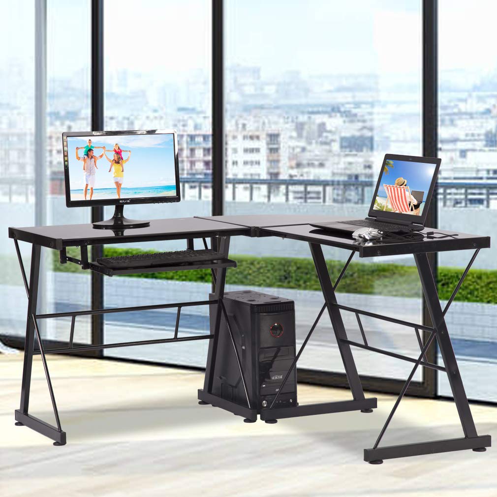 L-Shaped Gaming Computer Desk with Keyboard Tray & CPU Stand - Tempered Glass Corner Desk for Home Office, Small Spaces - Black | Perfect for PC Gaming Setup, Workstation & Home Office Organization