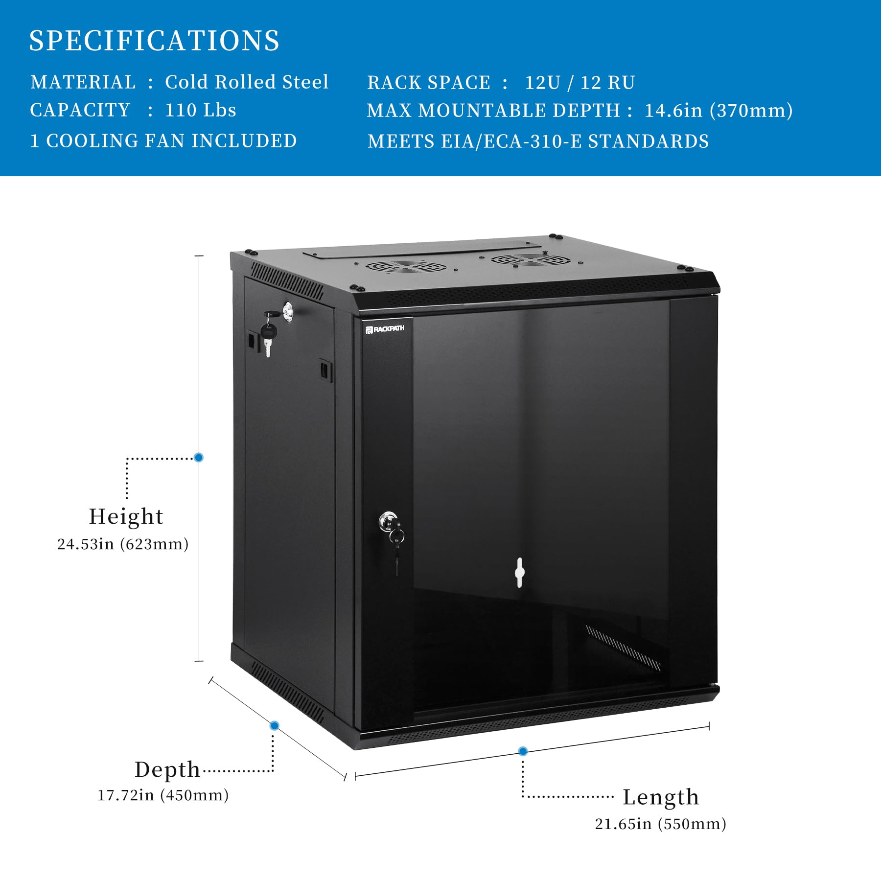 12U Wall Mount Server Cabinet - Heavy Duty Network Rack Enclosure with Quiet Cooling Fans & Locking Tempered Glass Door (Black) - Ideal for Data Centers, Server Rooms, and Home Office Network Setup