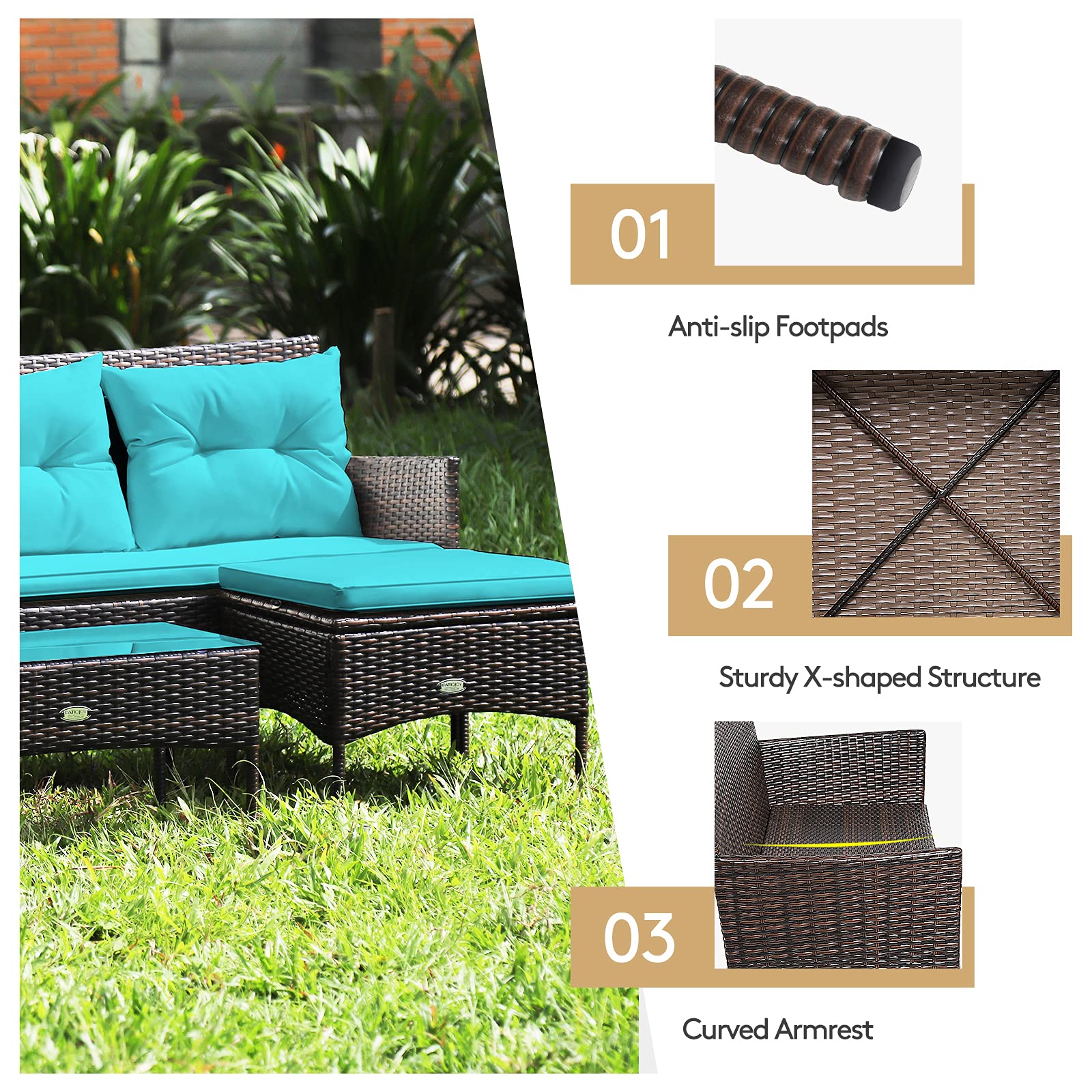 Outdoor Rattan Conversation Set - 3 Piece Patio Furniture with Tempered Glass Coffee Table, 5 Elastic Seat & Back Cushions, Sectional Sofa for Poolside, Balcony, Backyard | Perfect for Relaxing, Entertaining & Outdoor Gatherings