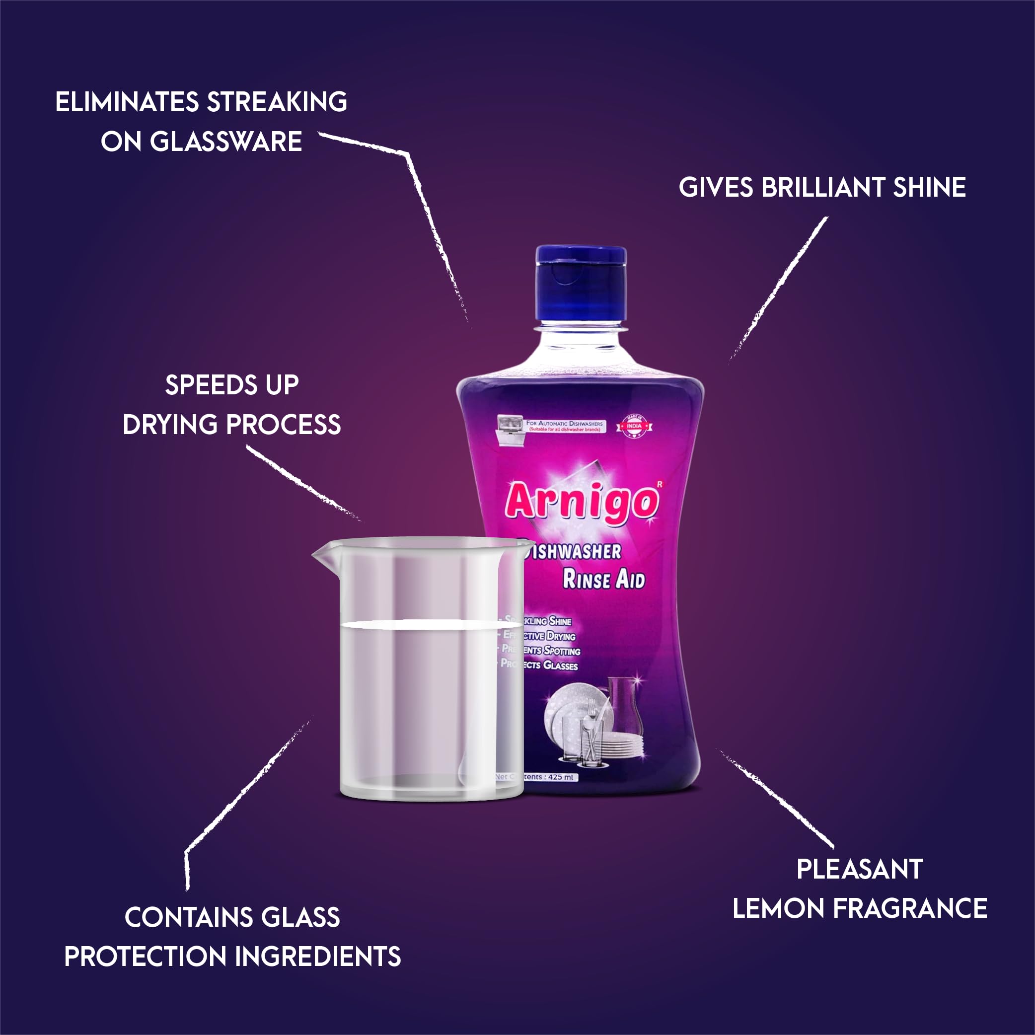 Arnigo Dishwasher Rinse Aid for All Brands - Eliminates Streaks on Glassware, Speeds Drying, Protects Glass with Brilliant Shine - Lemon Scent (425ml) - Perfect for Sparkling Clean Dishes, Wine Glasses & Everyday Dishwashing