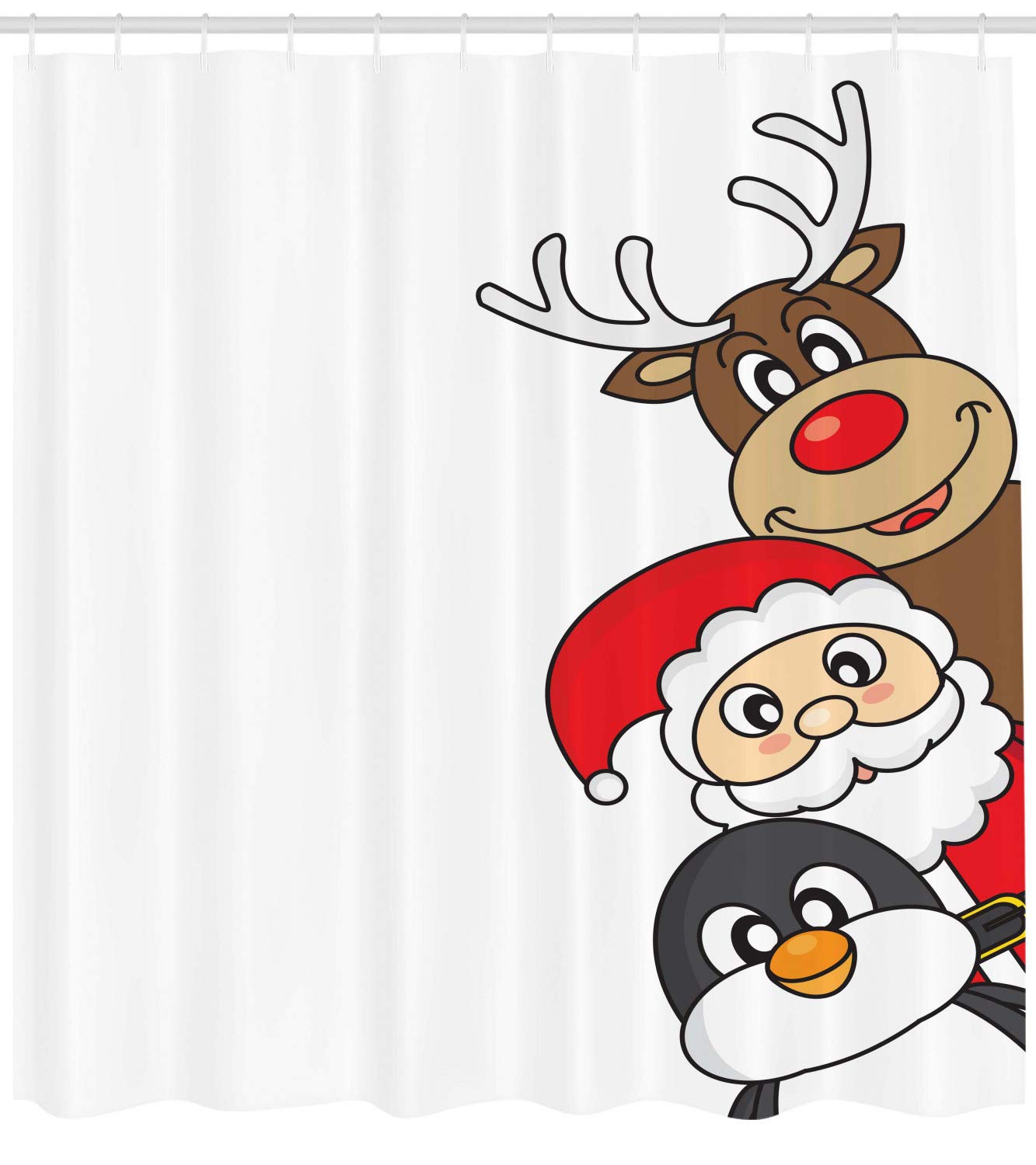 Ambesonne Christmas Shower Curtain - Santa Claus, Reindeer & Penguin Holiday Design - 69x84 Inch Brown Scarlet Fabric Bathroom Decor with Hooks - Perfect for Holiday Bathroom Decorations & Christmas Party Themes