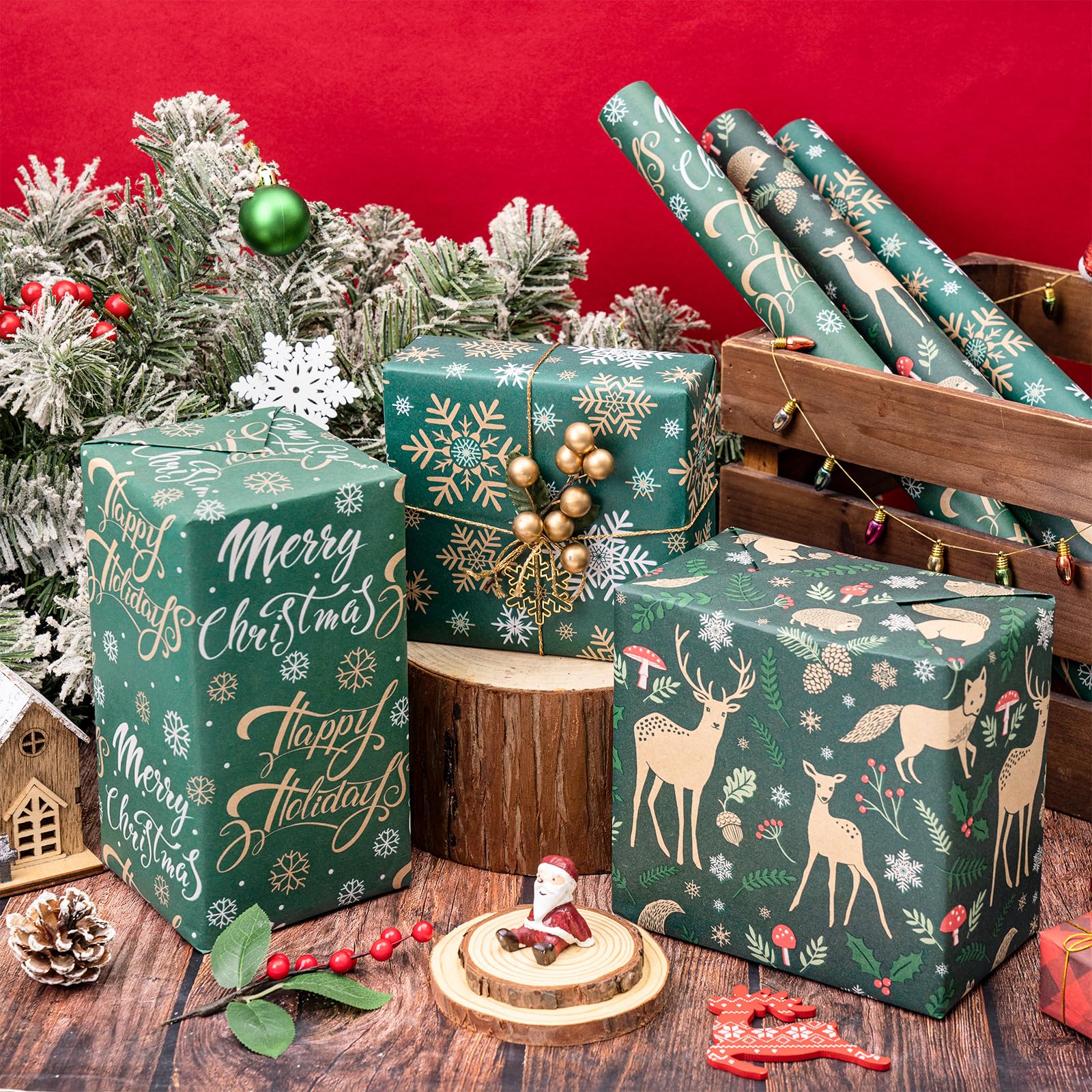 RUSPEPA Christmas Animals Wrapping Paper - 3 Rolls (17