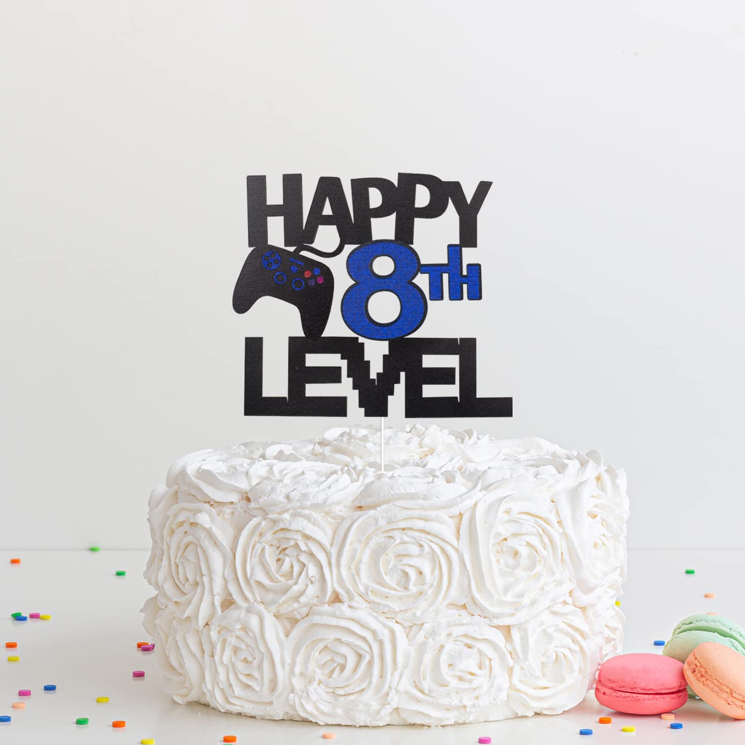 Blue Glitter Happy 8th Birthday Video Game Cake Topper - Gamer Level 8 Unlocked Party Decoration for Boys & Girls - Perfect for Birthday Cakes, Cupcakes, and Gaming Themed Parties