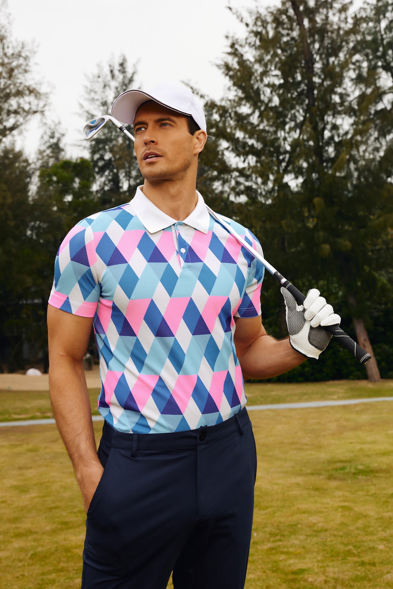 Men's Stretch Golf Polo Shirt - Performance Short Sleeve Pullover with Argyle Design for Comfort & Mobility | Perfect for Golf Courses, Casual Wear & Outdoor Activities