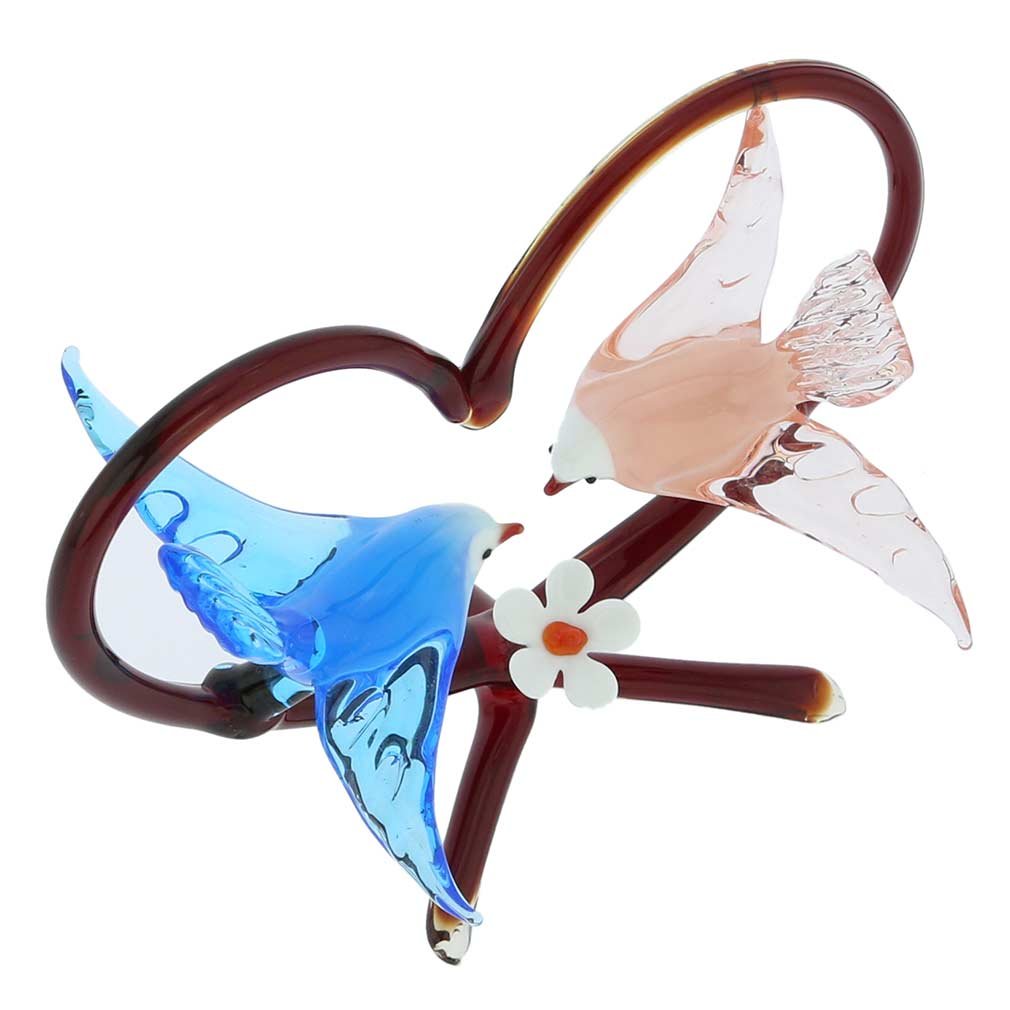 GlassOfVenice Authentic Murano Glass Birds on Red Heart - Handmade Blue & Pink Venetian Art for Home Decor | Perfect Gift for Wedding, Anniversary & Valentine's Day