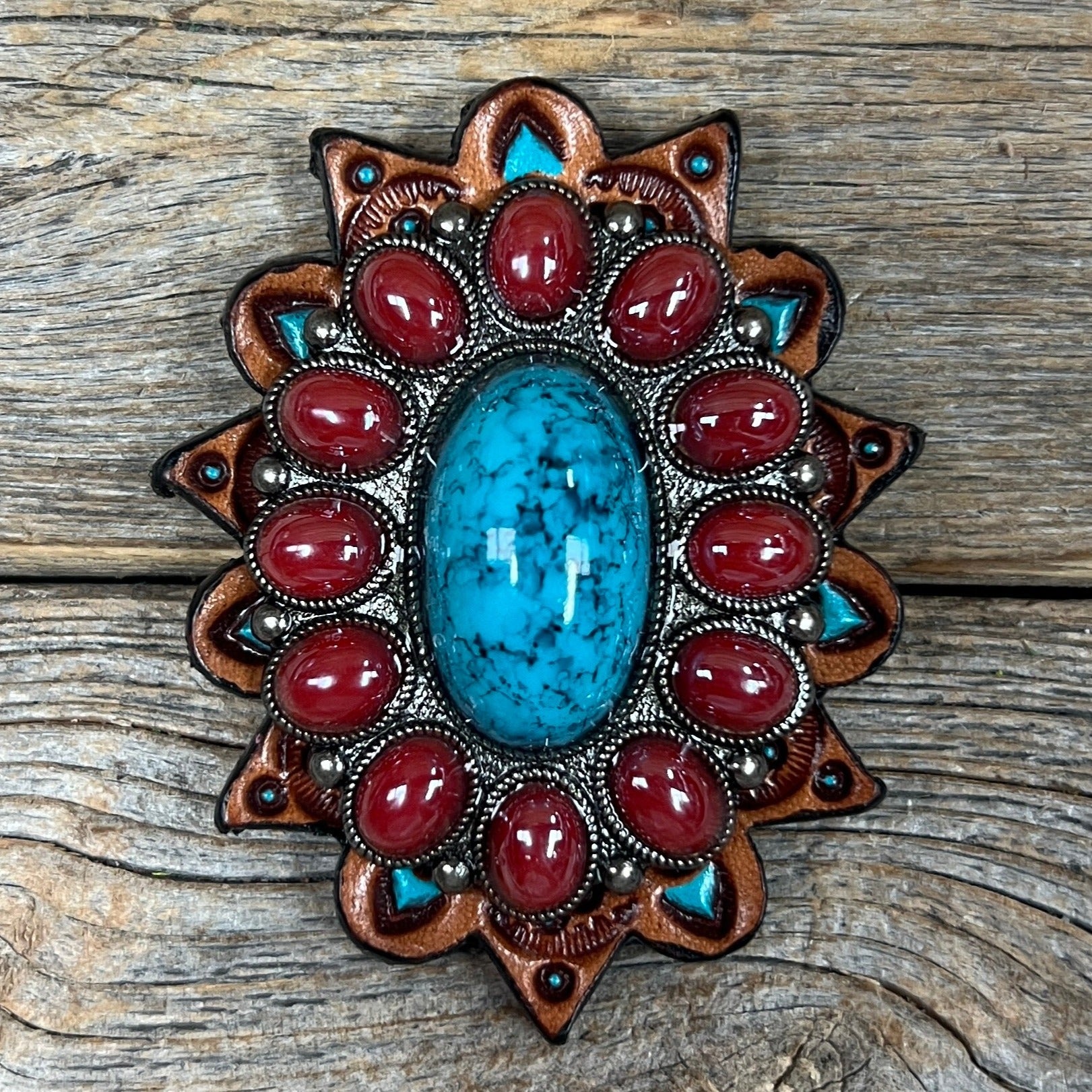 Large Turquoise and Garnet Western Concho Belt Buckle W213 for Cowboy Boots & Western Fashion Accessories