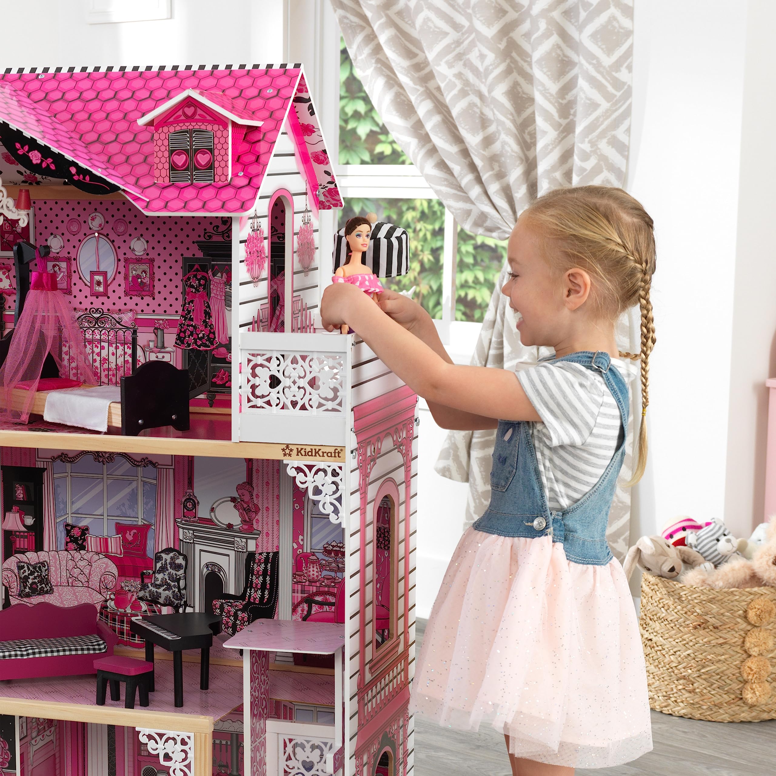 KidKraft Amelia Wooden Dollhouse with Elevator & Balcony - 15-Piece Furniture Accessories Set, Pink Playhouse for Girls Ages 3+ | Perfect for Pretend Play, Birthday Gifts & Nursery Decor