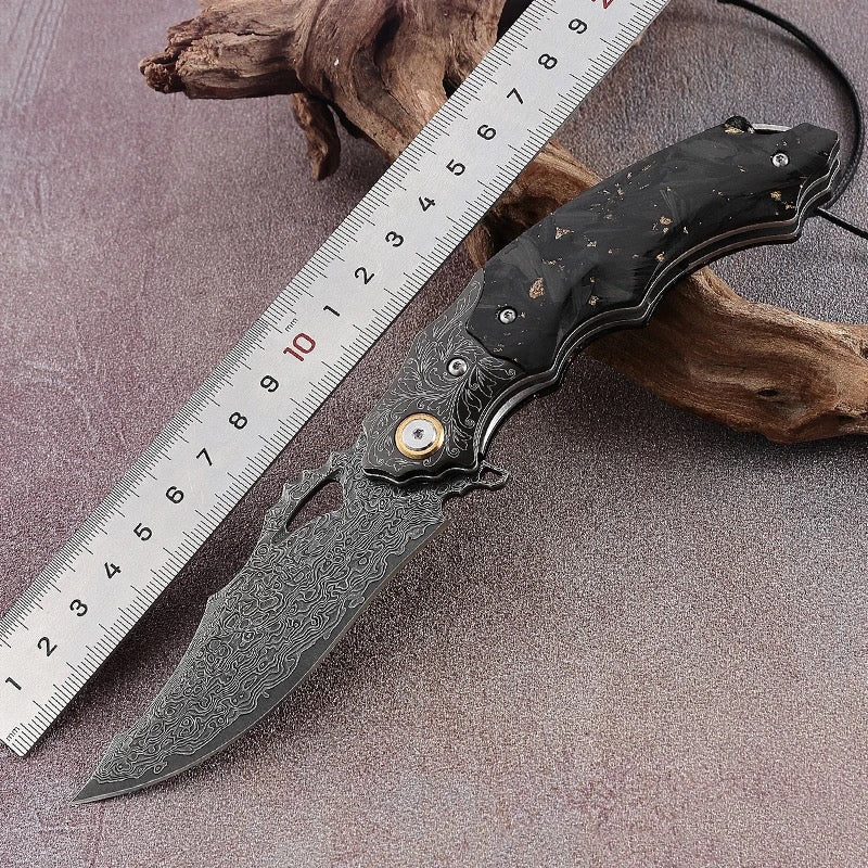 Premium Black Gold EDC Pocket Knife - 14K Gold Foil Carbon Fiber Handle with Sheath - Personalized Gentleman's Knife for Outdoor, Camping & Everyday Carry (EDC)