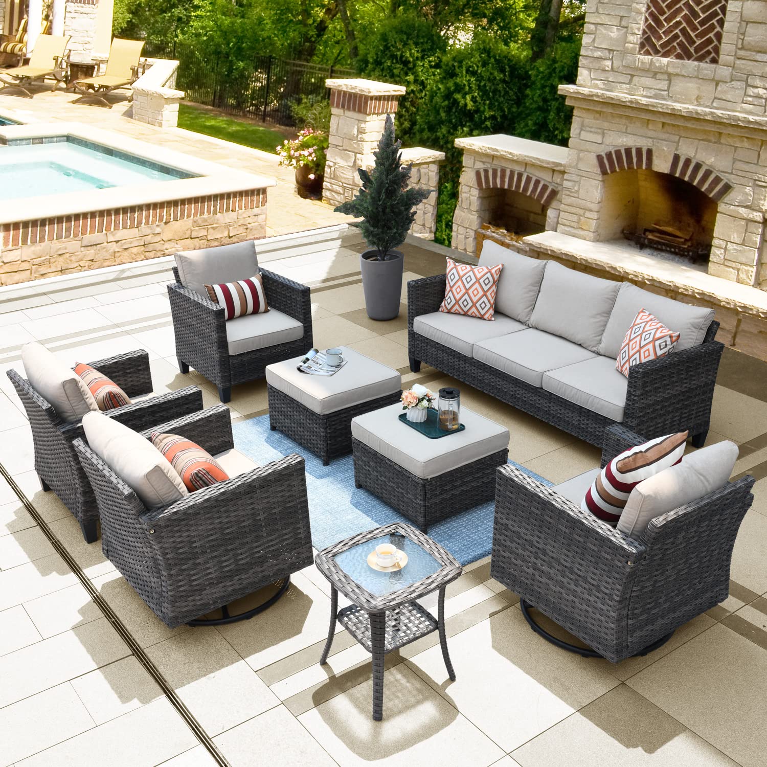 8-Piece Patio Furniture Set with Wicker Sofa, Swivel Rocking Chairs & Glider - All-Weather Rattan Outdoor Conversation Set with Comfortable Cushions (Beige) - Perfect for Backyard, Garden, Poolside & Outdoor Entertaining