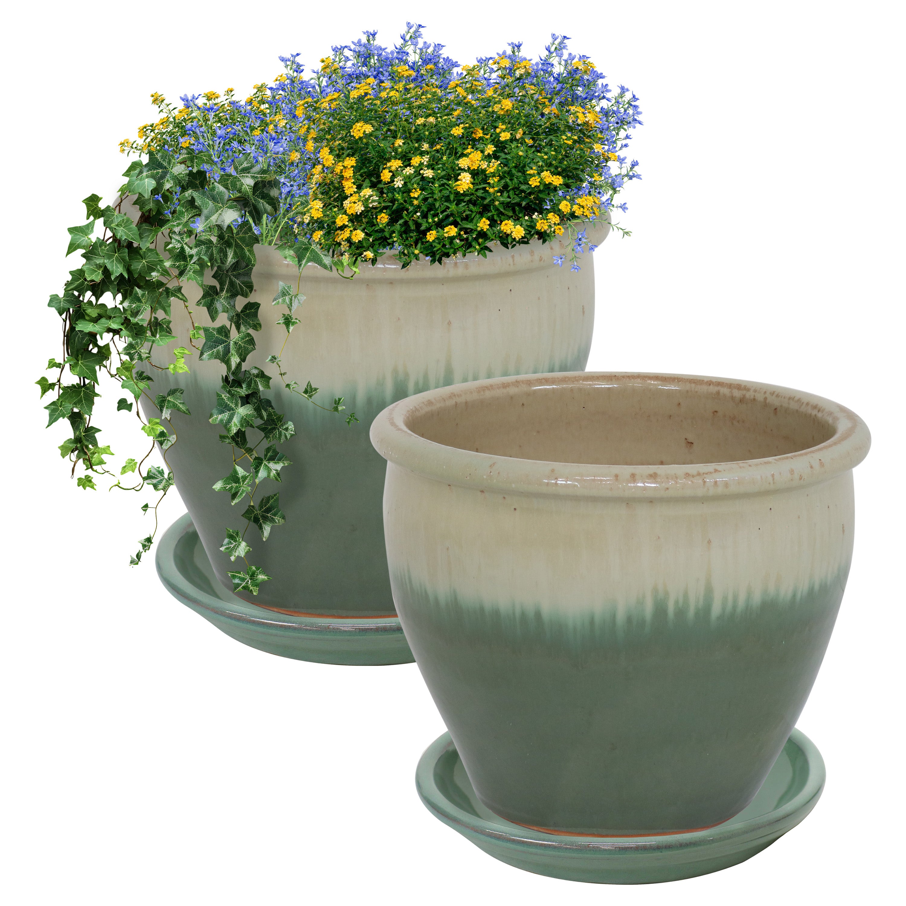 Sunnydaze 2-Pack Glazed Ceramic Plant Pots with Saucers - Indoor/Outdoor Decorative Flower Planters for Home, Garden, and Patio