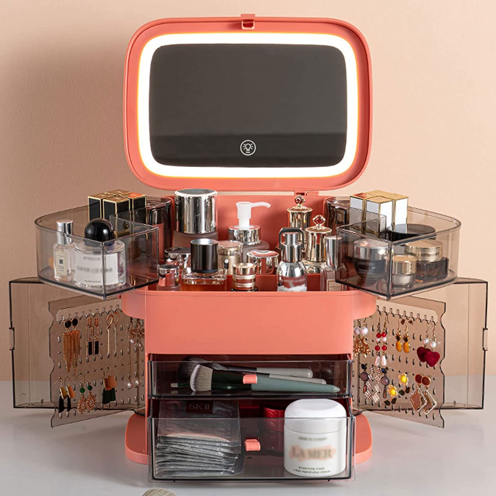 LED Makeup Organizer with Drawers - Orange Cosmetic Storage for Bathroom & Bedroom Vanity