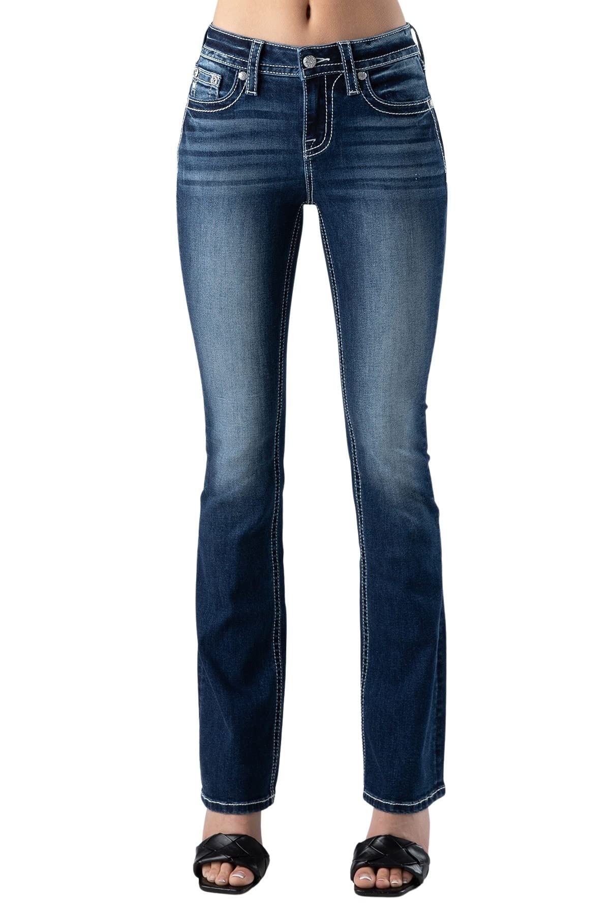 Miss Me Women's Mid-Rise Bootcut Jeans with American Horseshoe Embellishment - Stylish Denim Pants for Casual Wear, Night Out & Western Fashion