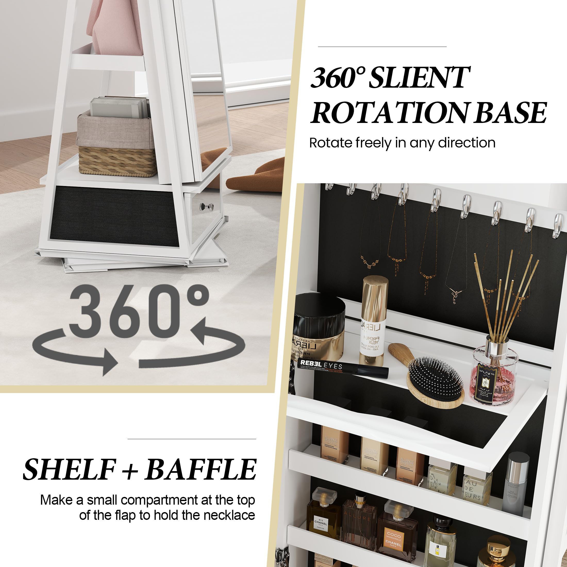 360° Swivel Jewelry Armoire with Full-Length LED Mirror - Lockable Standing Jewelry Cabinet with Rotating Shelves for Bedroom & Cloakroom Organization (White) | Perfect for Jewelry Storage, Vanity Dressing & Closet Organization