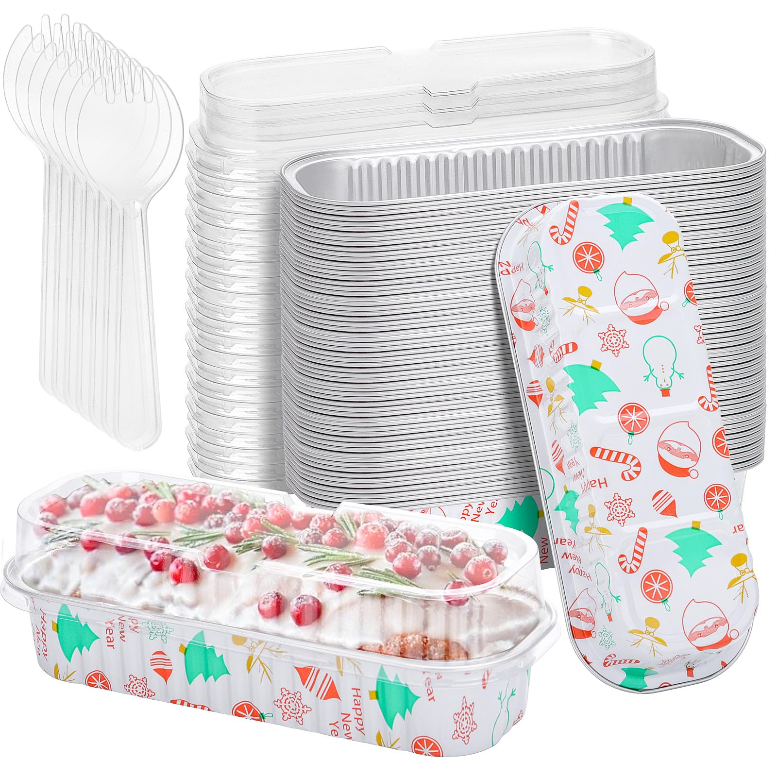 50-Pack 6.8Oz Disposable Aluminum Foil Mini Loaf Pans with Lids & Spoons - Christmas Mini Cake Pans, Individual Dessert Containers for Baking, Party, Picnic, Holiday Treats & Gift Giving
