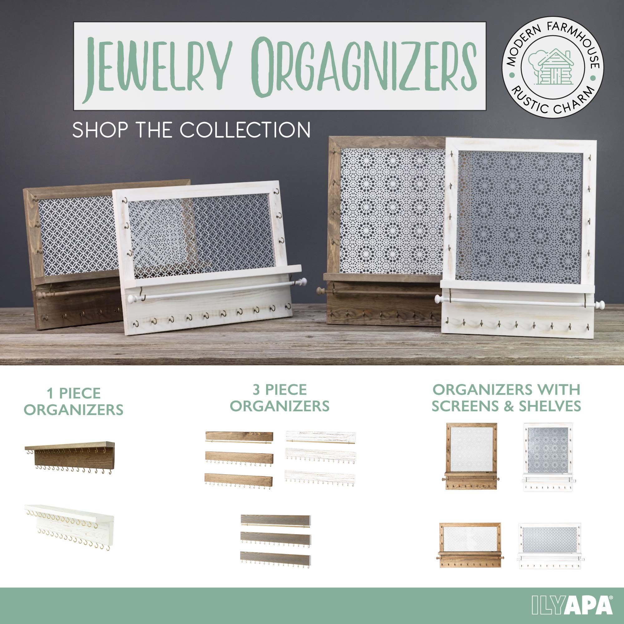 Rustic Wall Mounted Jewelry Organizer Shelf - Brown Wooden Hanger for Necklaces, Earrings & Bracelets with Hooks | Perfect for Bedroom, Bathroom & Closet Organization