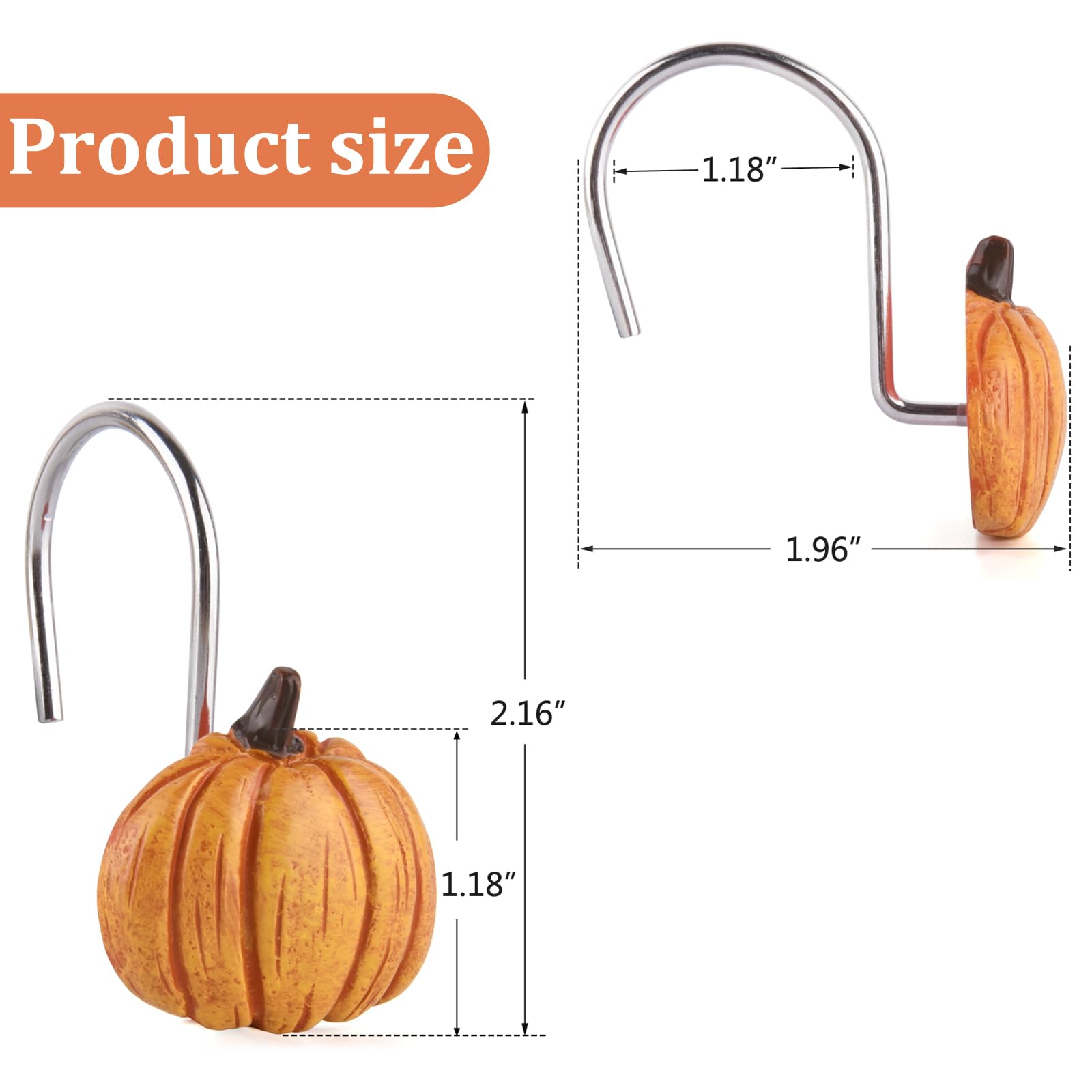 12PCS Rustproof Metal Pumpkin Shower Curtain Hooks - Autumn Thanksgiving Farmhouse Bathroom Decor for Fall, Rustic Cute Shower Accessories (Perfect for Seasonal Home Decor & Holiday Gift Ideas)