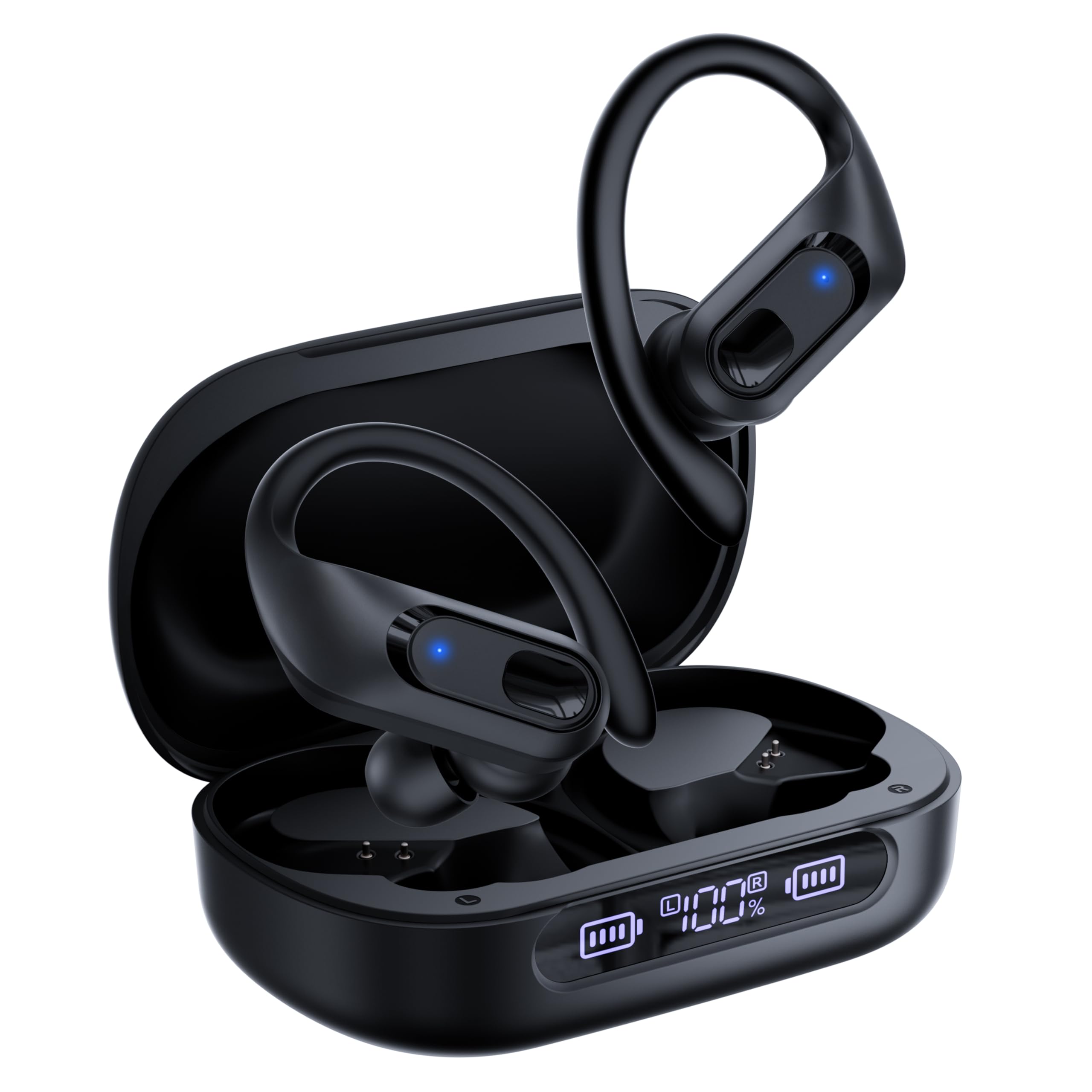 Wireless Bluetooth Earbuds with Earhook - 96H Playtime, Sweatproof Sport Earphones with Charging Case for Running, Workout & Gym - Stereo Sound, Secure Fit Headphones (Black) | Perfect for Jogging, Fitness Training & Outdoor Activities
