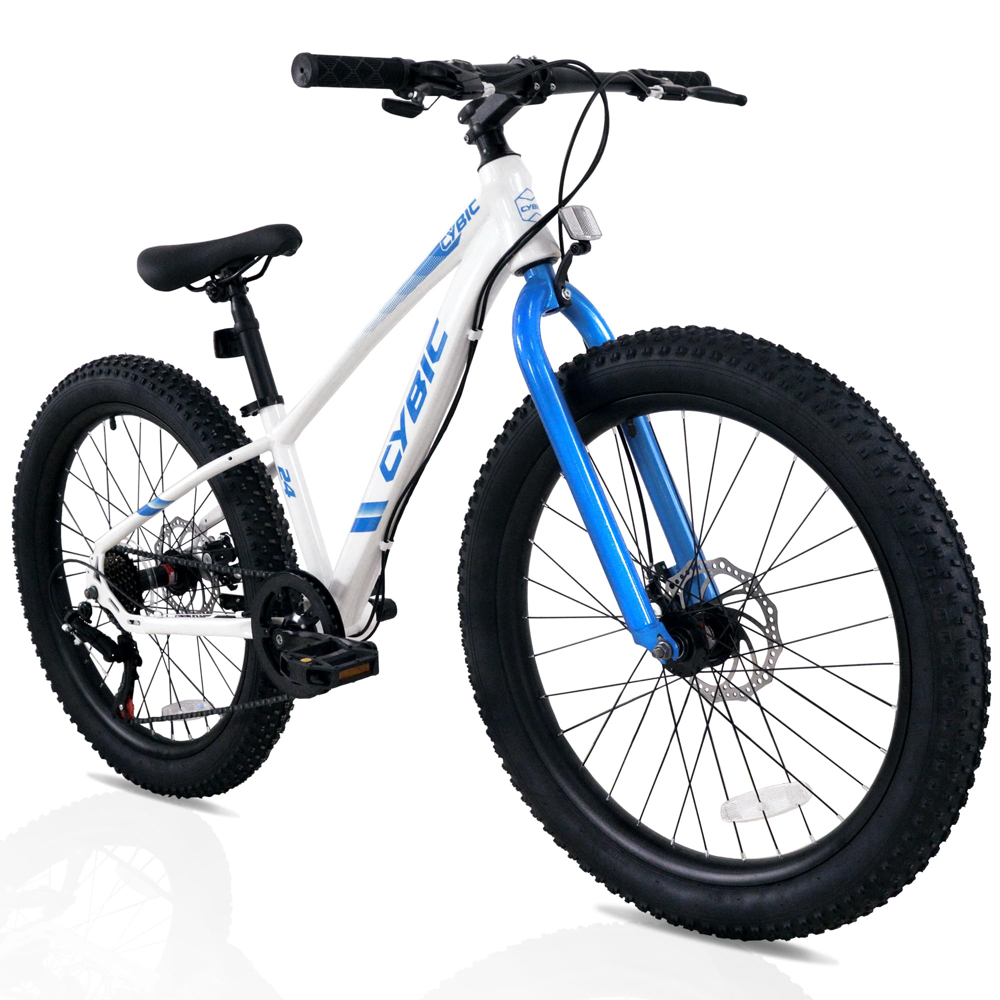 24 Inch Fat Tire Mountain Bike - 7 Speed High Carbon Steel Frame with Double Disc Brakes - Perfect for Off-Road Trails, Snow & Beach Riding